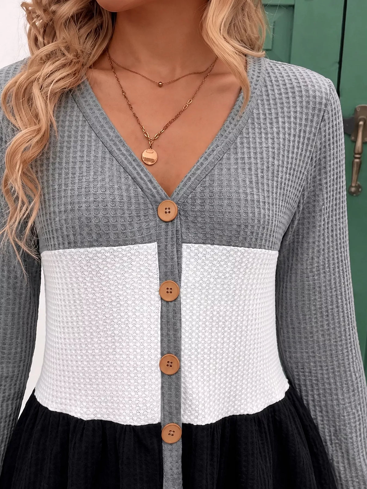 Color Block Waffle Knit Button-Down Cardigan - Lilixa.store