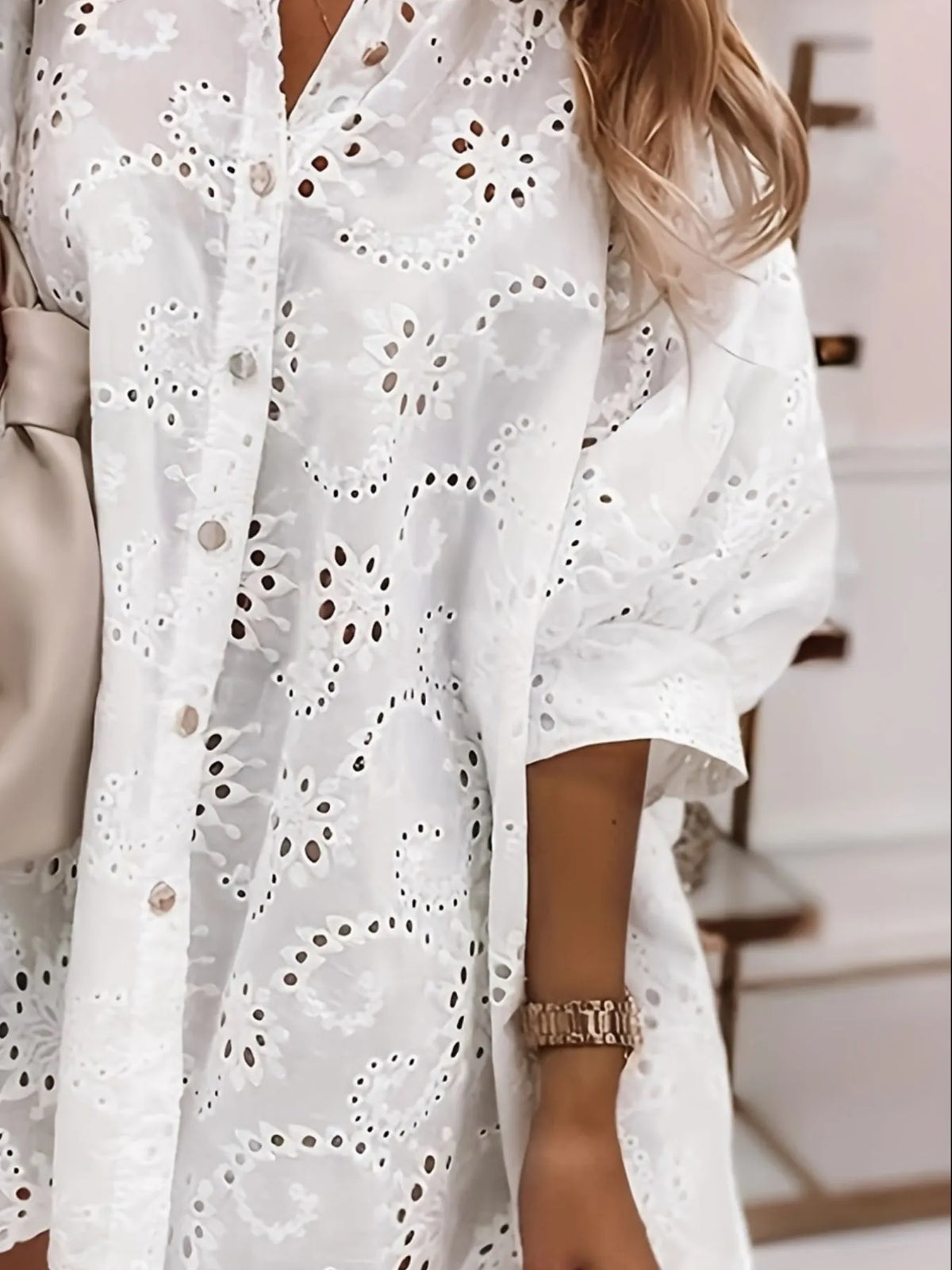 Eyelet Embroidered Button-Down Oversize Shirt - Lilixa.store