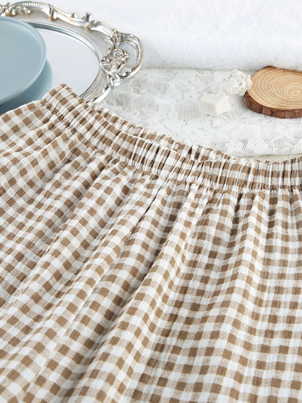 Gingham Ruffle-Trim Top and Pants Lounge Set - Lilixa.store