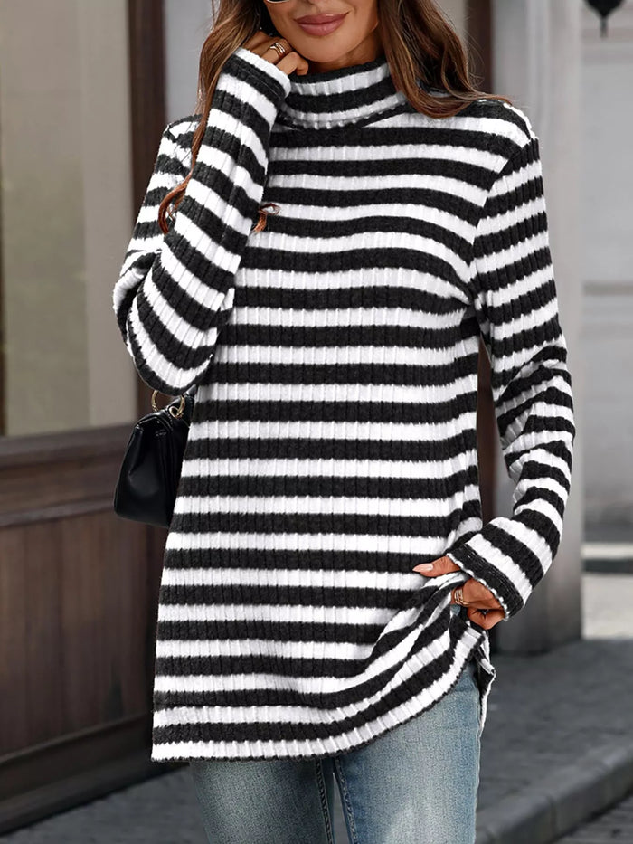 Striped Ribbed Knit Turtleneck Long Sleeve T-Shirt - Lilixa.store