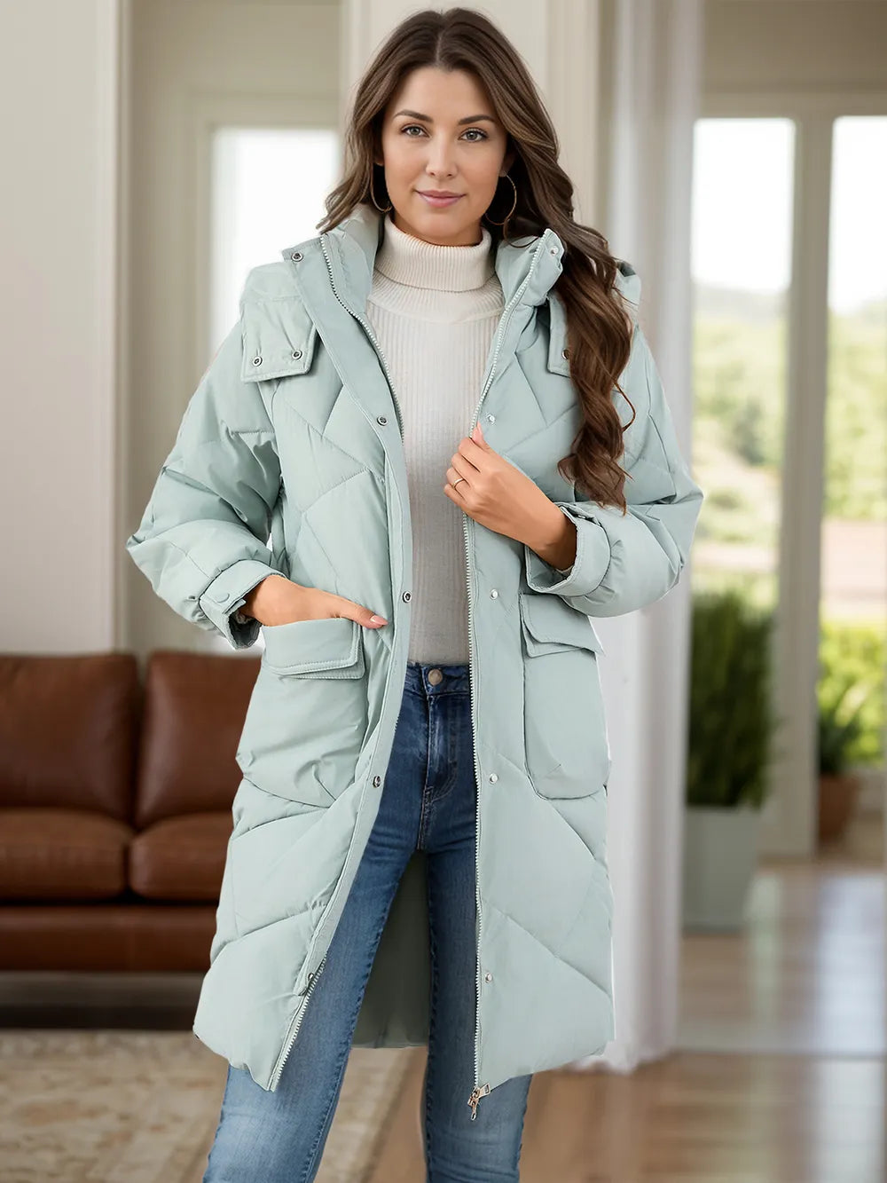 Long Sleeve Longline Hooded Winter Coat with Pockets - Lilixa.store