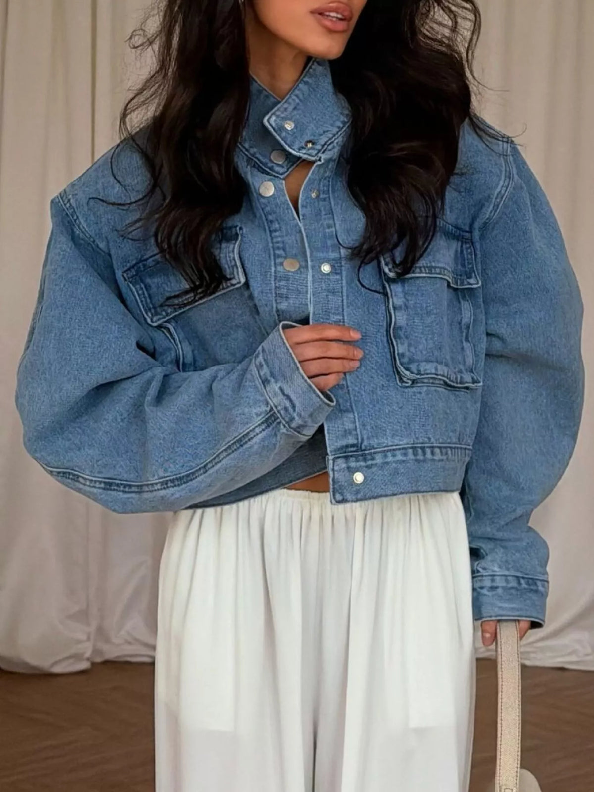 Oversized Utility Cropped Denim Jacket, view 4