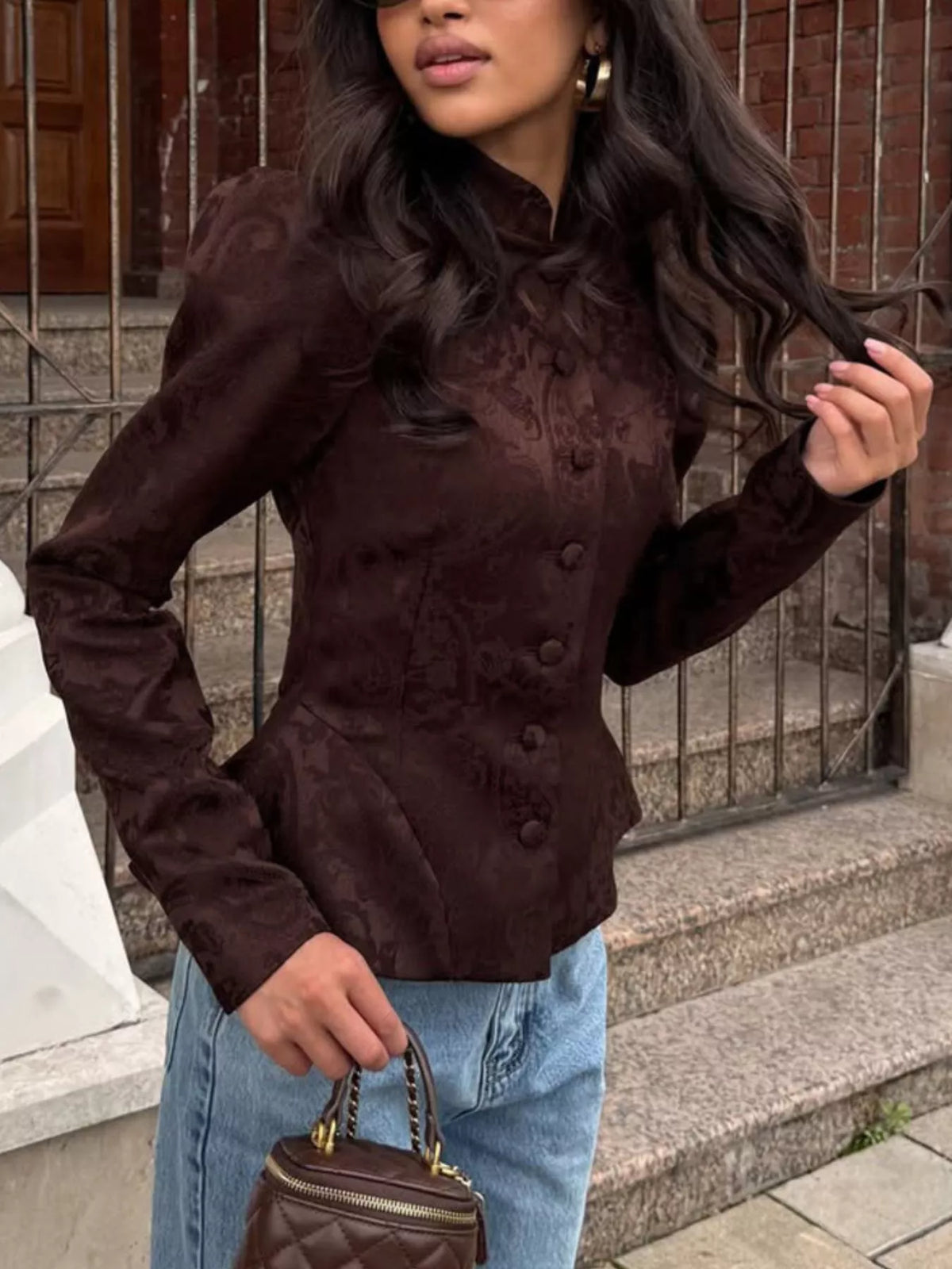 Jacquard Peplum Puff Sleeve Outerwear - Lilixa.store