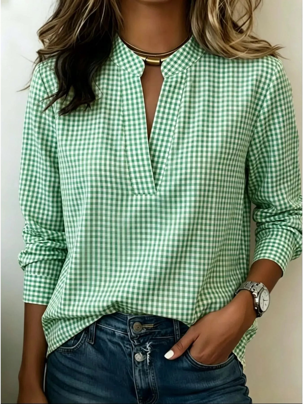 Full Size Plaid Notched Long Sleeve Blouse Plus Size - Lilixa.store