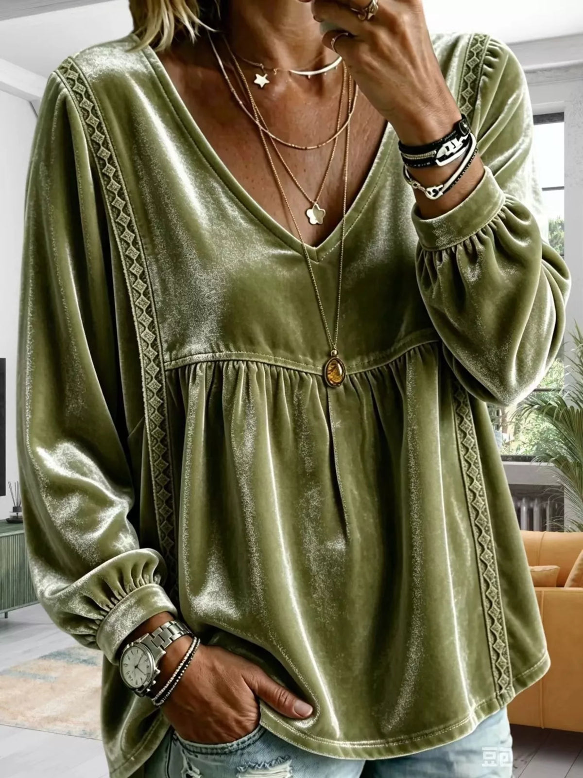 Full Size Velvet Lace Detail V-Neck Blouse Plus Size - Lilixa.store