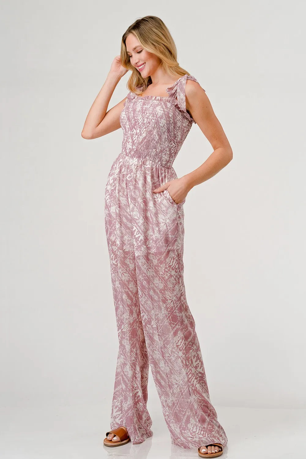 GeeGee Printed Tie Shoulder Wide Leg Jumpsuit - Lilixa.store