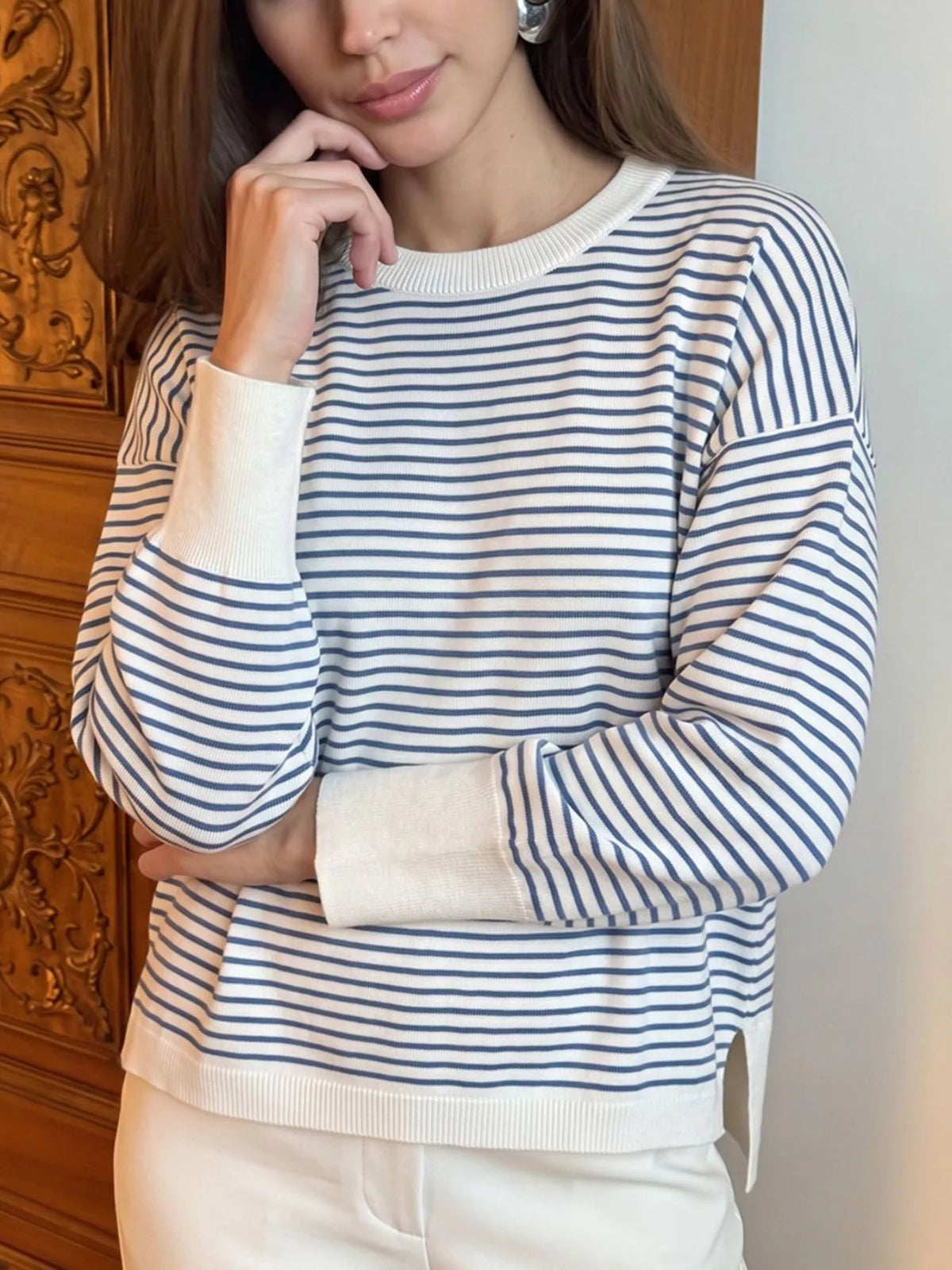 Striped Round Neck Knit Top in Blue