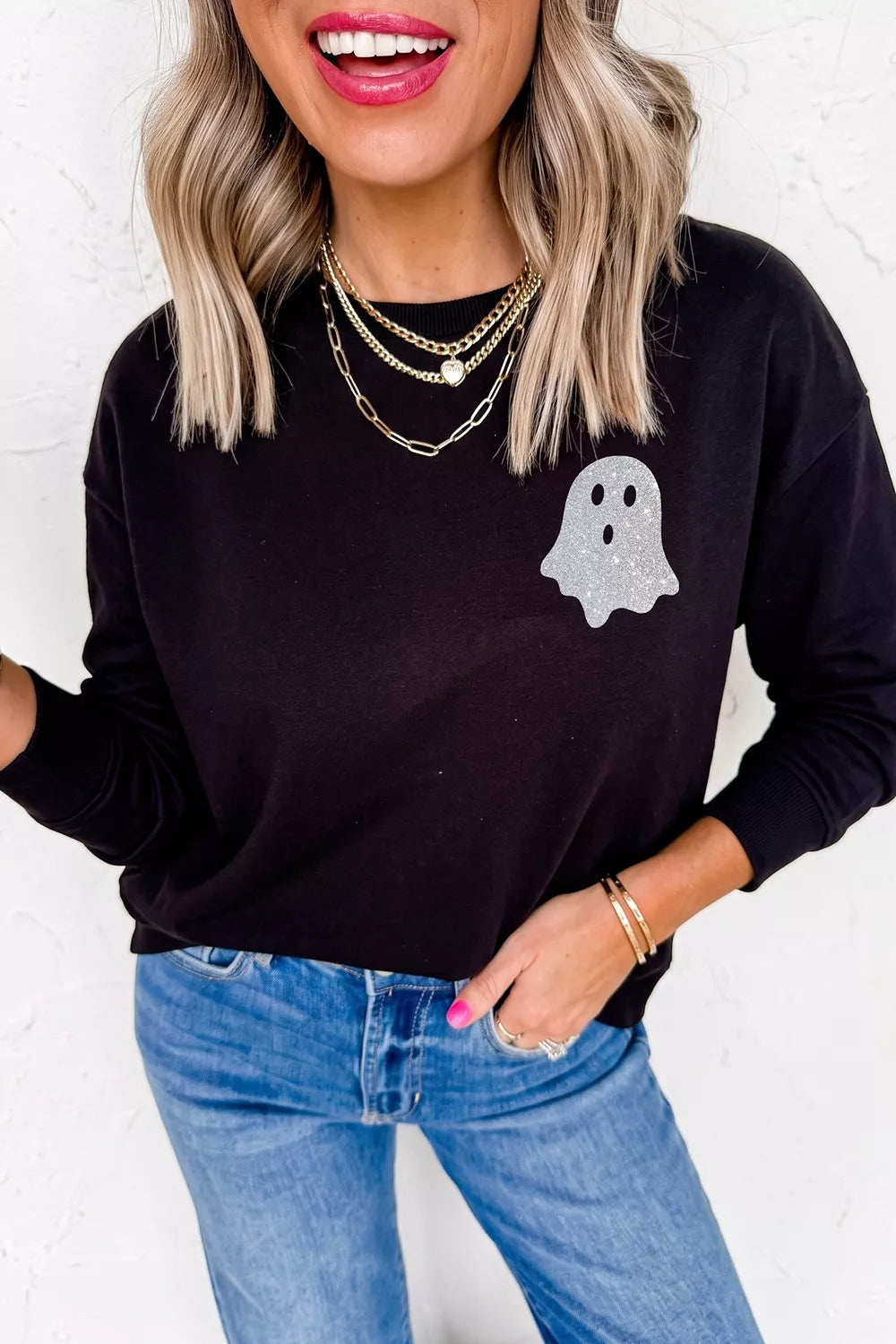 Round Neck Ghost Print Regular Fit Graphic Long Sleeve T-Shirt - Lilixa.store
