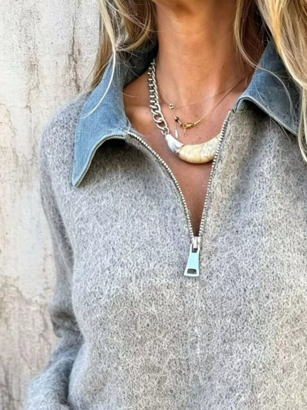Contrast Denim Collar Half-Zip Knit Sweater - Lilixa.store