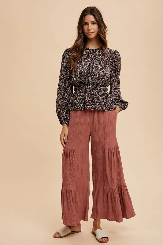 Annie Wear Abstract Print Balloon Sleeve Peplum Blouse - Lilixa.store