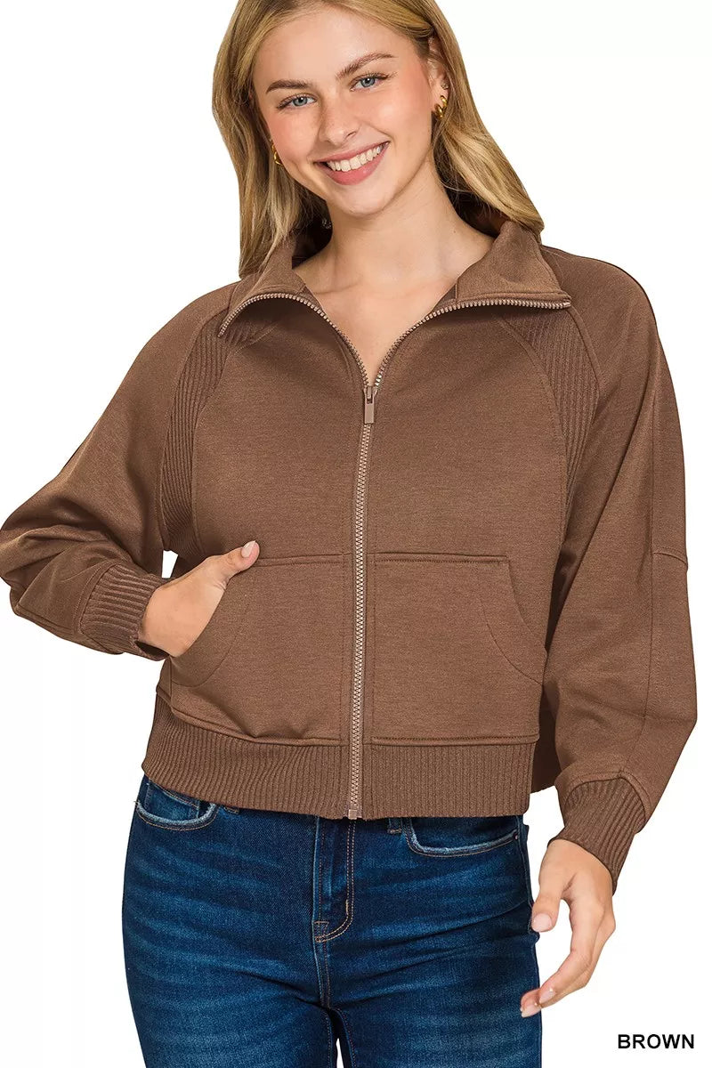 Zenana Scuba Full Zip Cropped Jacket with Pockets in Brown