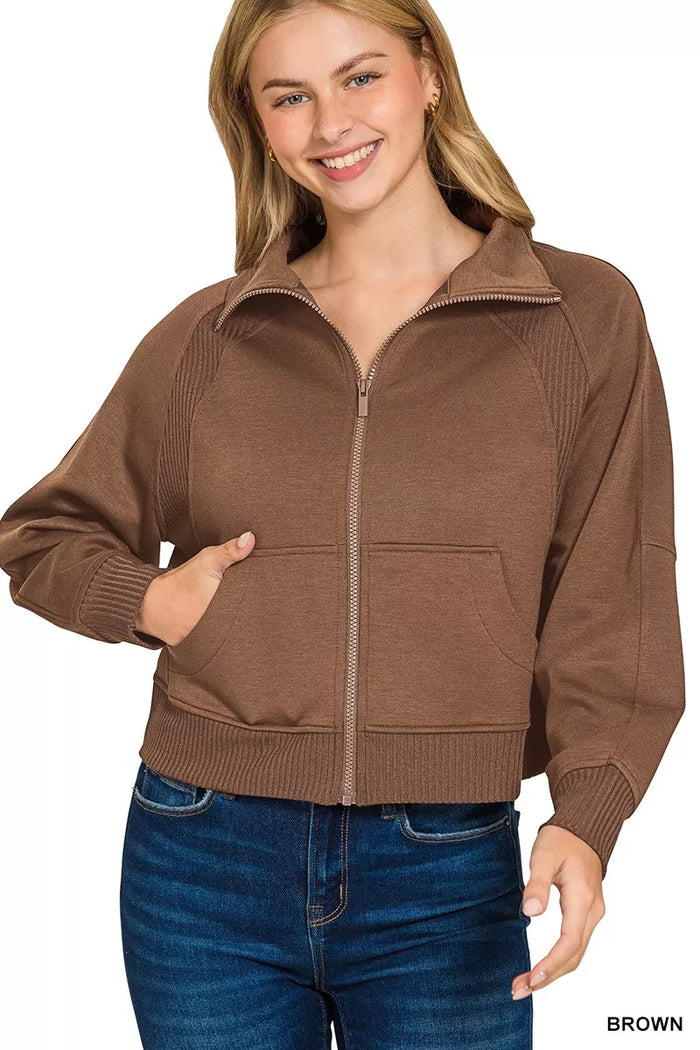 Zenana Scuba Full Zip Cropped Jacket with Pockets in Brown