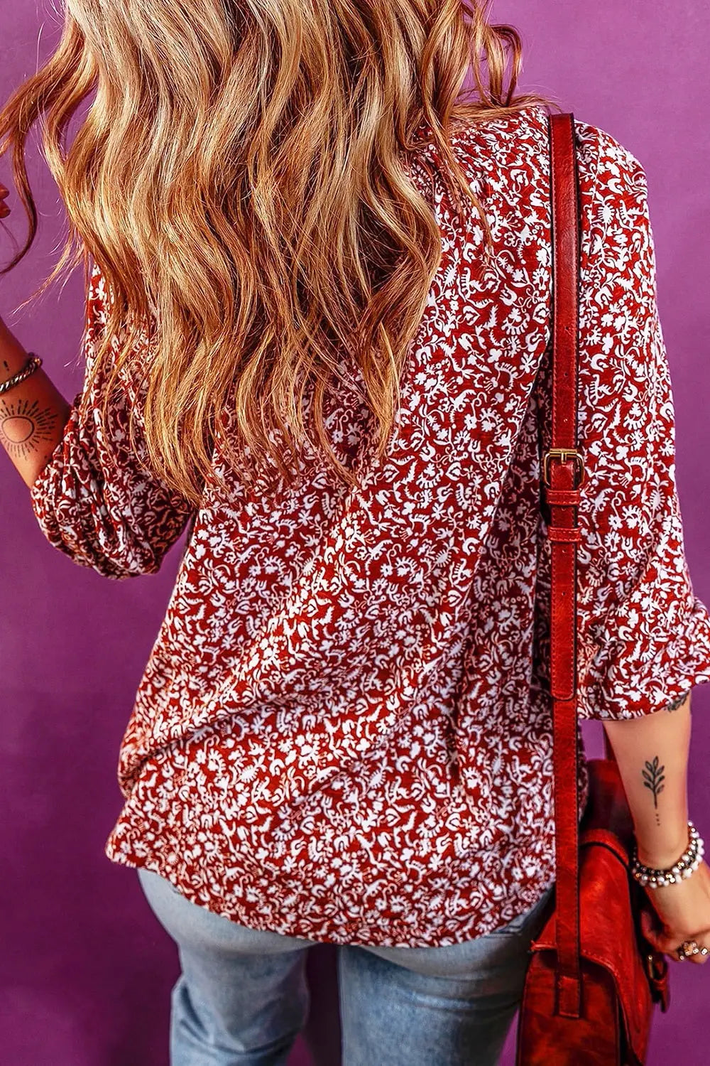 Printed Tie Neck Balloon Sleeve Blouse - Lilixa.store