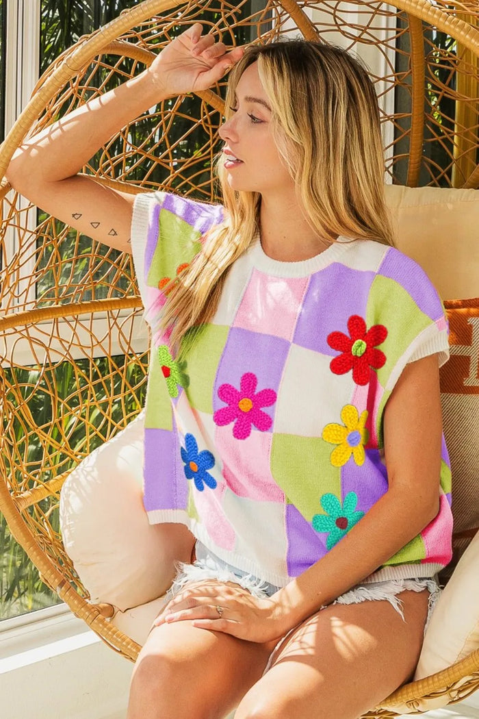 BiBi Flower Patch Checkered Sweater Vest in Lavender/Blush/Lime