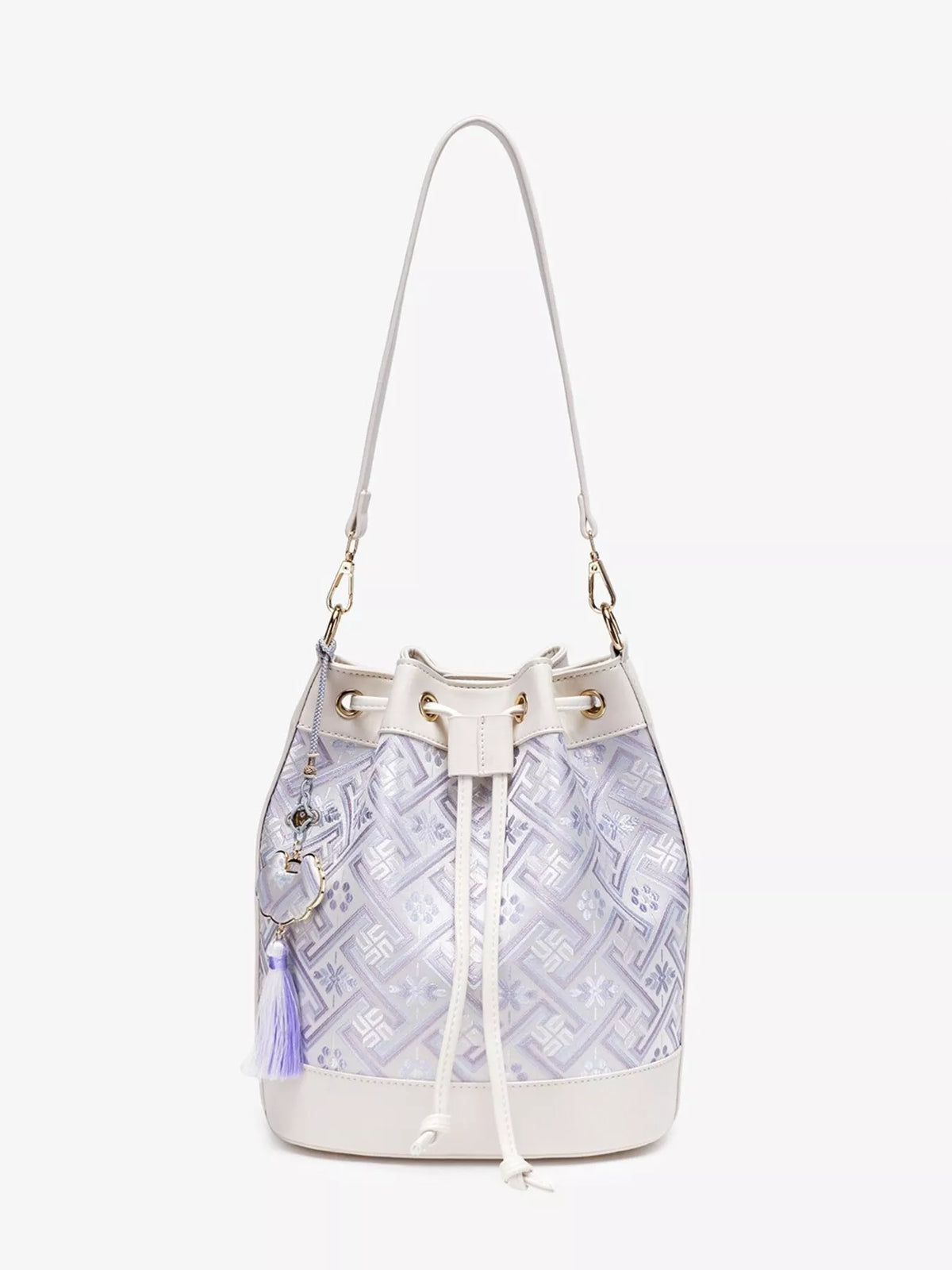 Geometric Pattern Jacquard Drawstring Bucket Crossbody Bag in White, view 6
