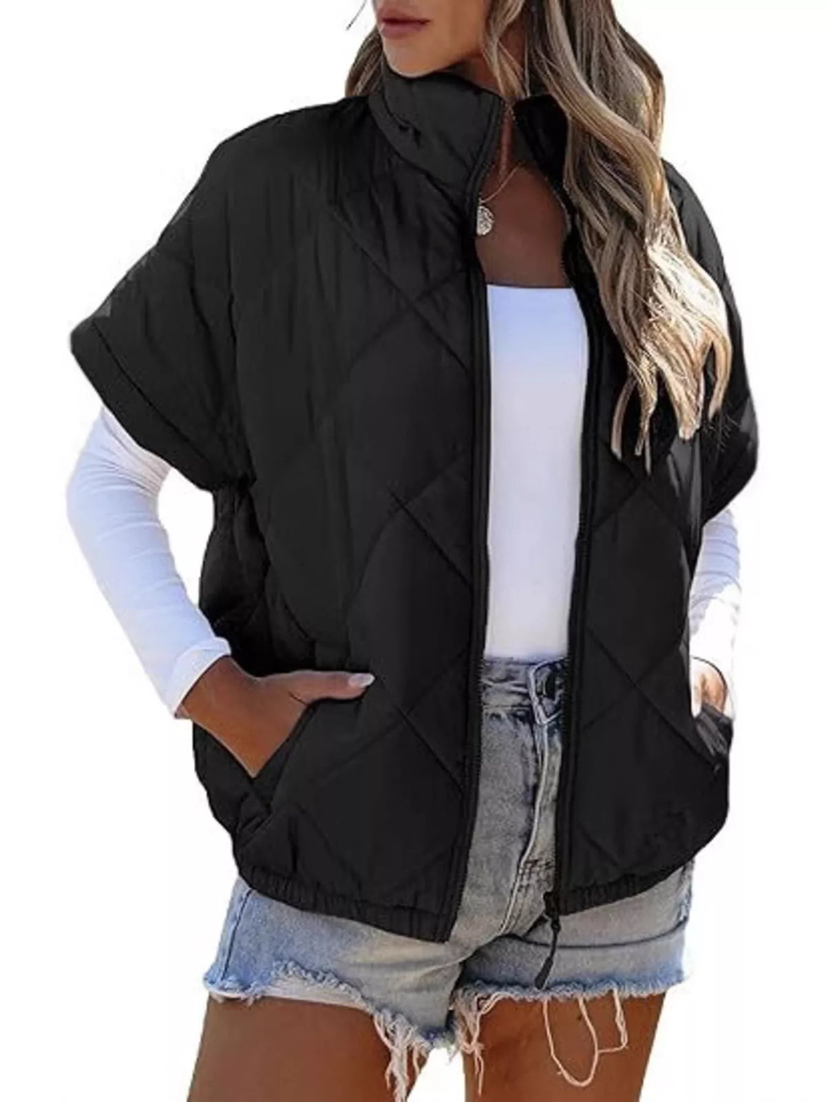 Quilted Zip Up Short Sleeve Winter Coat - Lilixa.store