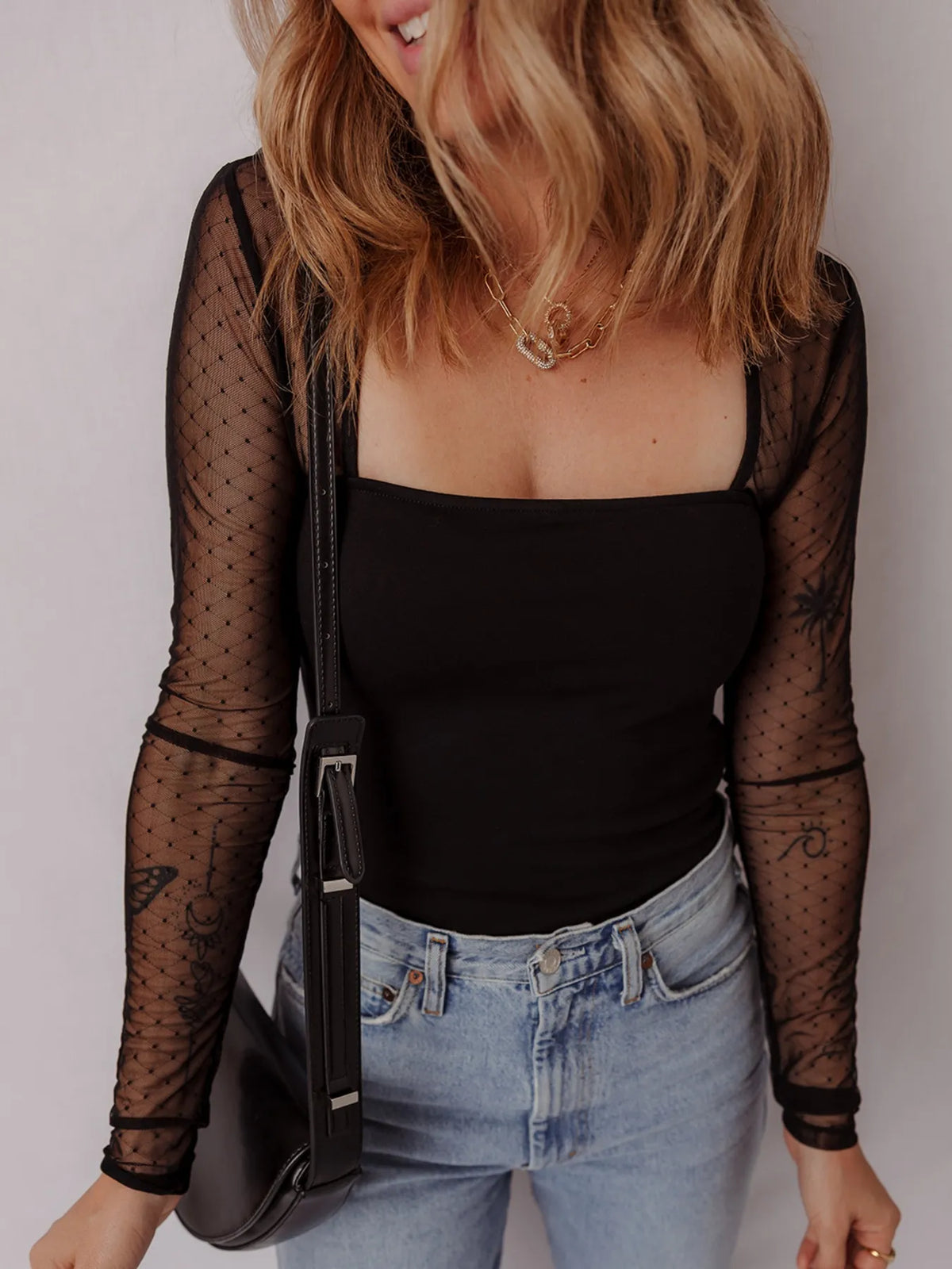 Mesh Sleeve Square Neck Bodysuit - Lilixa.store