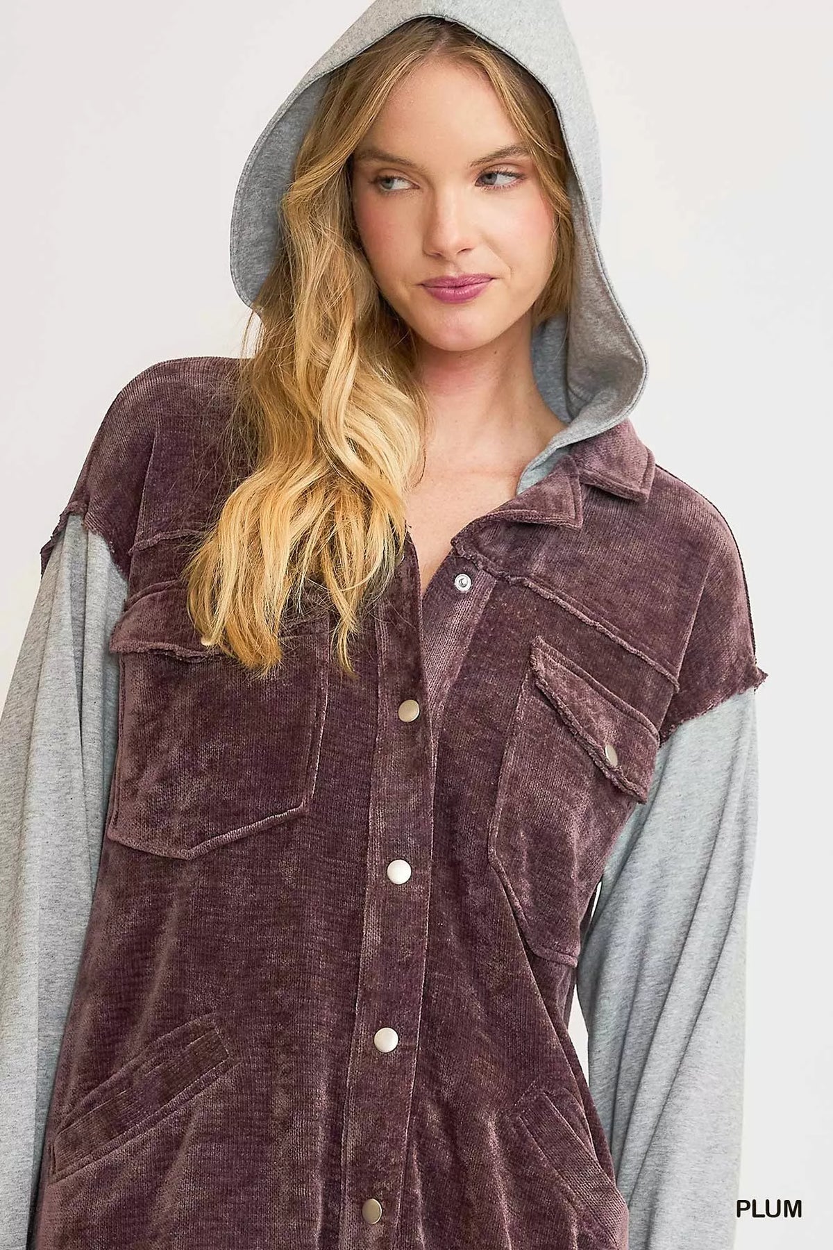 Umgee Contrast Hooded Chenille Jacket in Plum, view 6