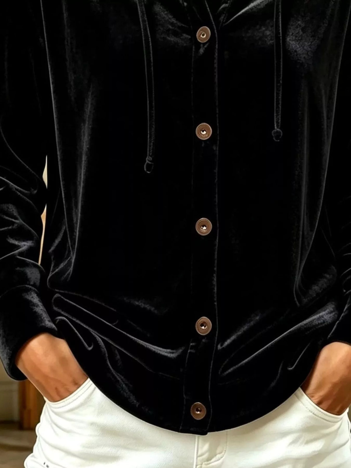 Full Size Velvet Button-Down Hooded Top Plus Size - Lilixa.store