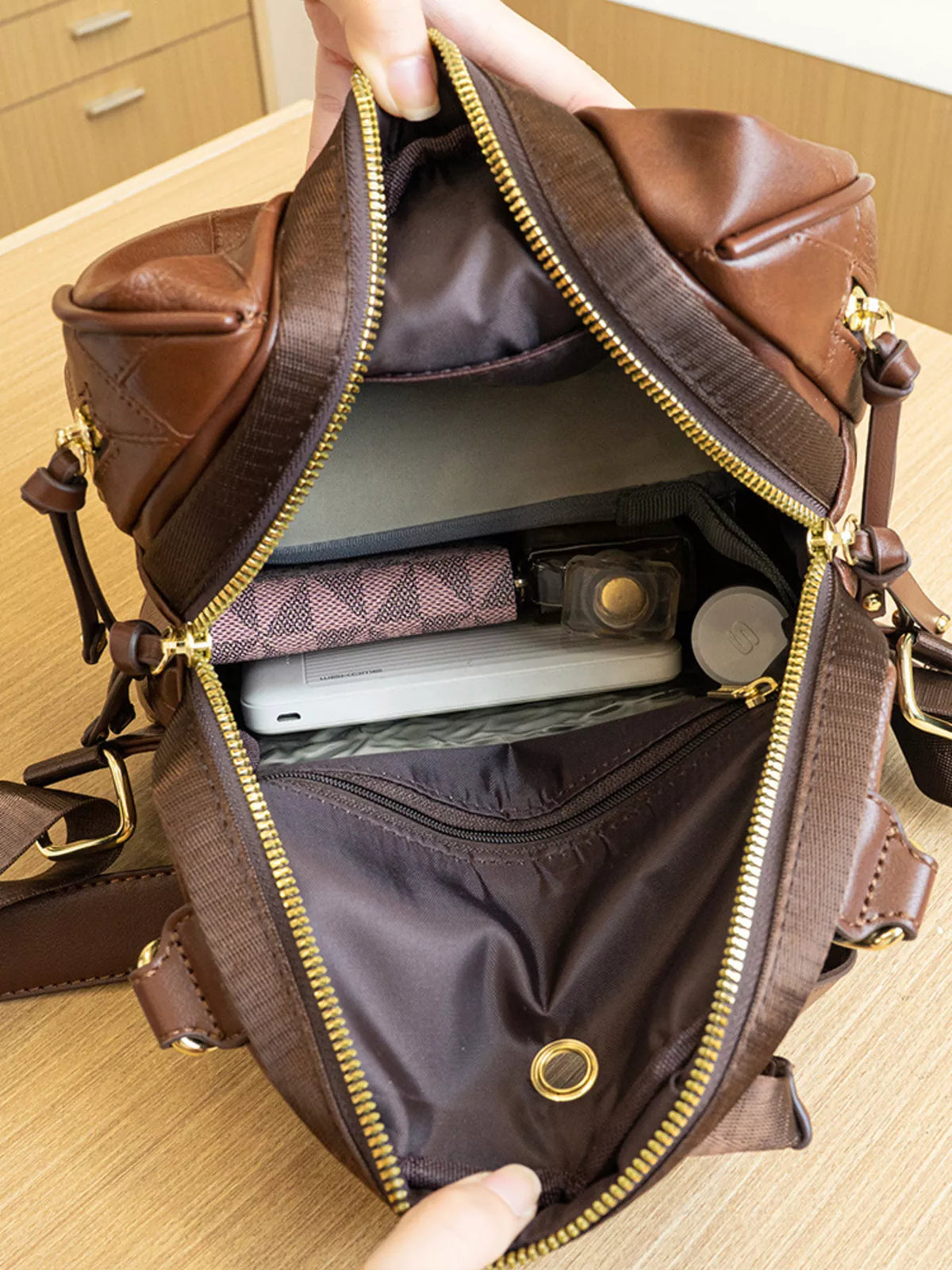 Patchwork Leather Convertible Backpack Bag in Brown, view 9