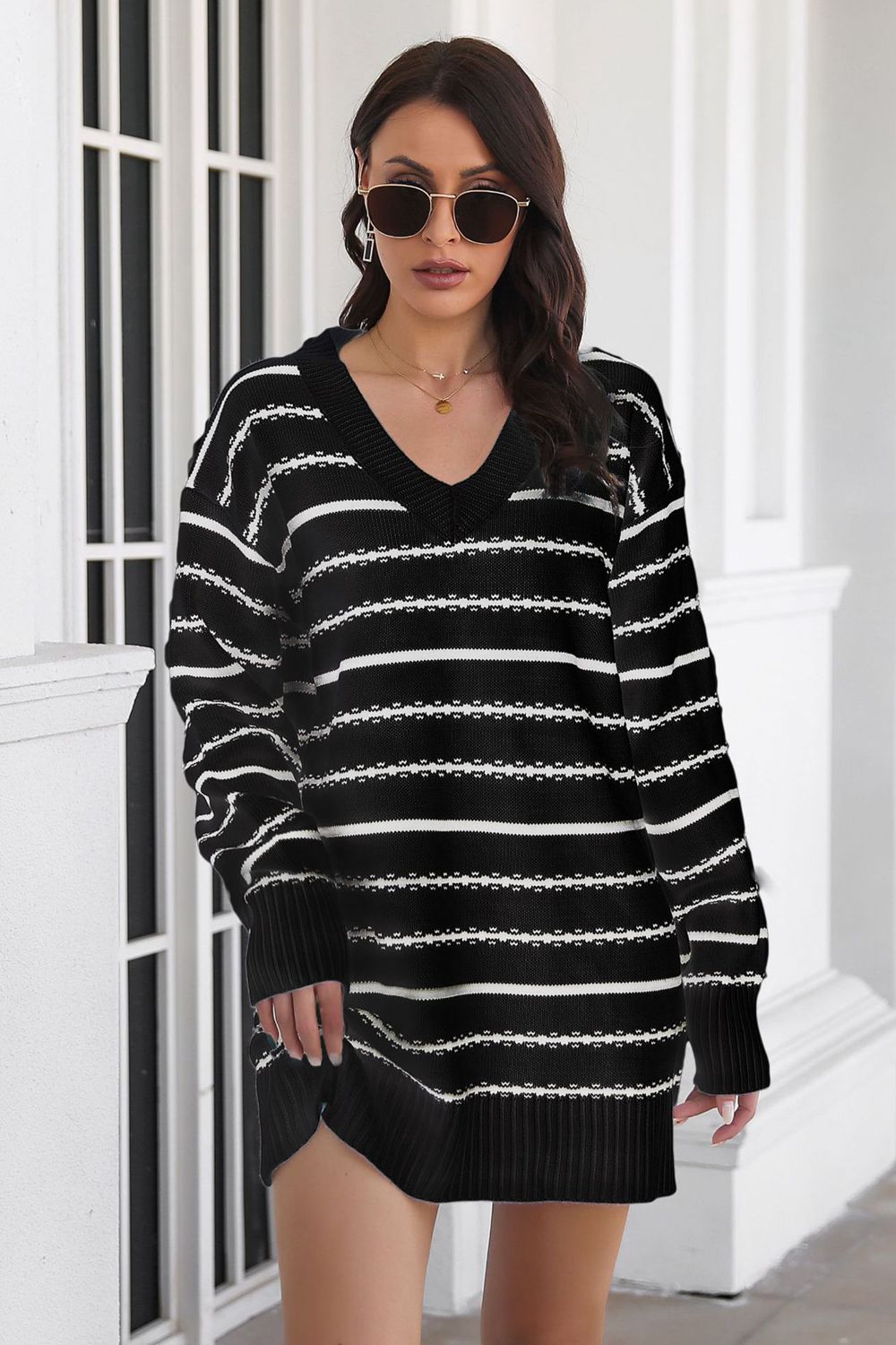 Striped V-Neck Sweater Dress, view 5