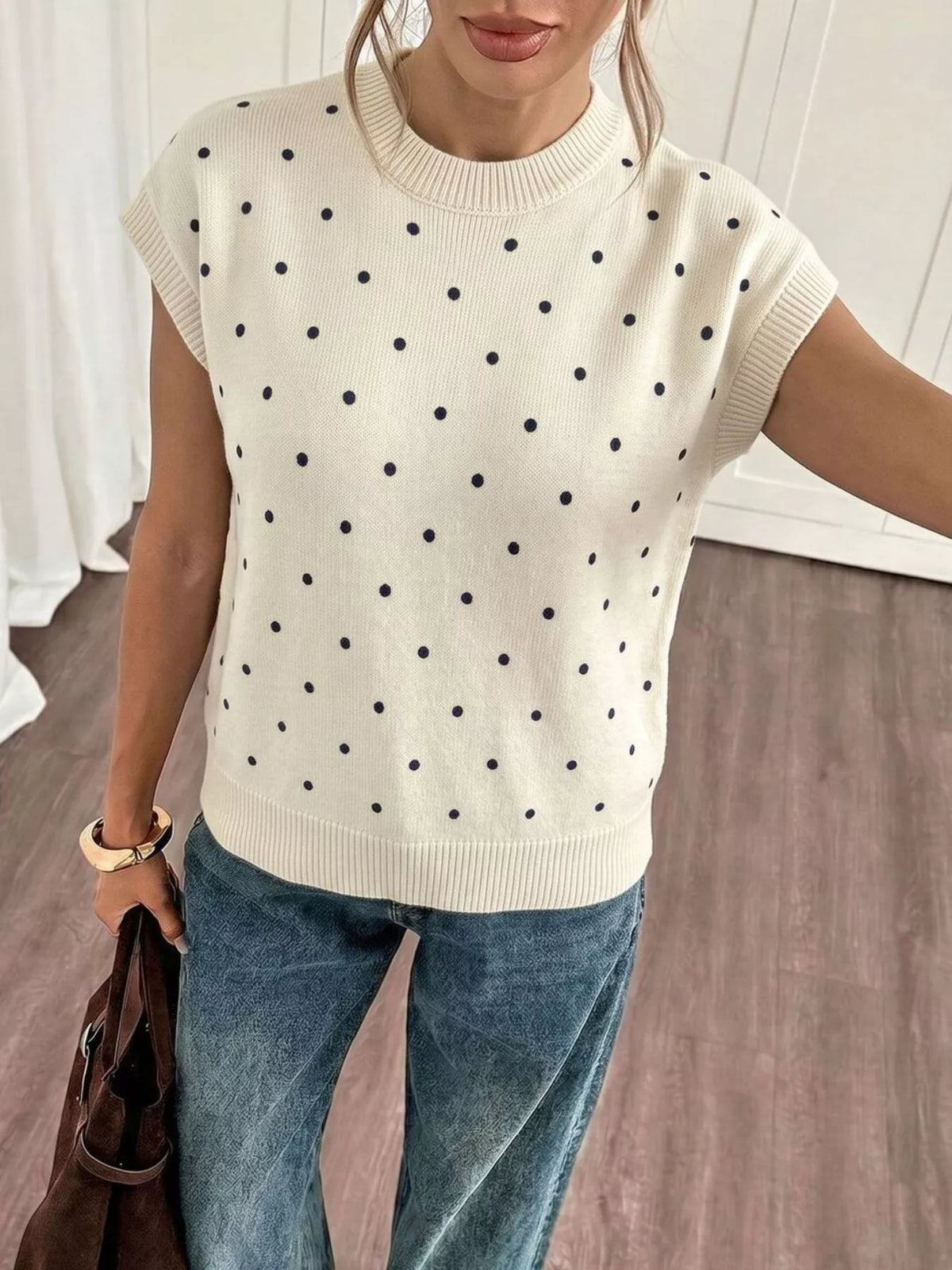 Polka Dot Short Sleeve Knit Sweater in Apricot, view 3