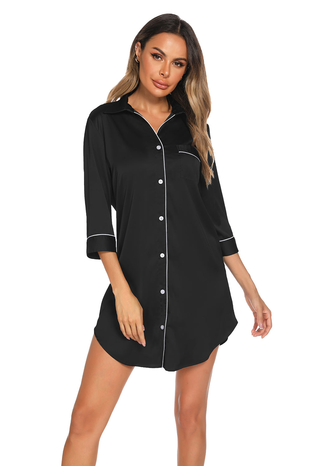 Button Up Collared Neck Night Dress with Pocket - Lilixa.store