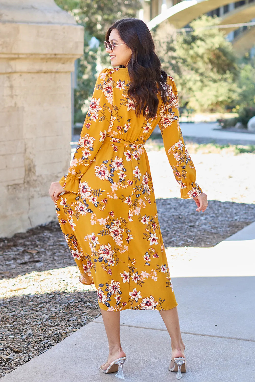 Double Take Full Size Floral Tie Back Flounce Sleeve Dress - Lilixa.store