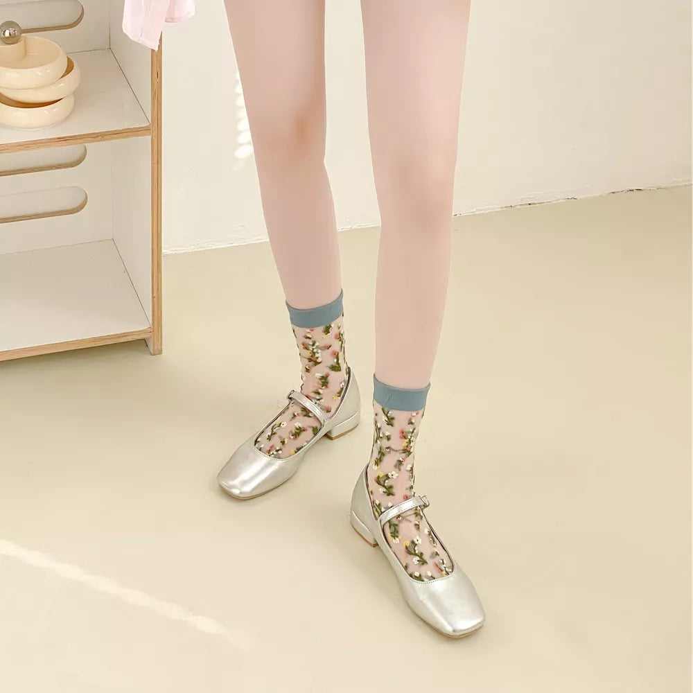 Floral Sheer Crew Socks 5 Pair Set