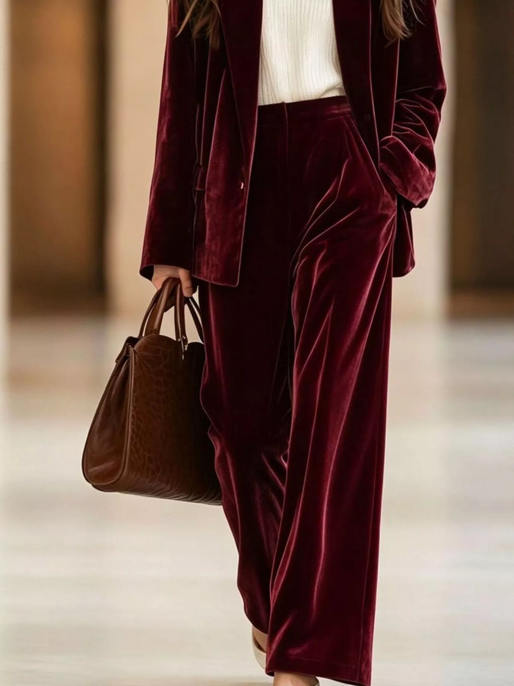 Velvet Blazer and Wide-Leg Pants Two-Piece Set - Lilixa.store