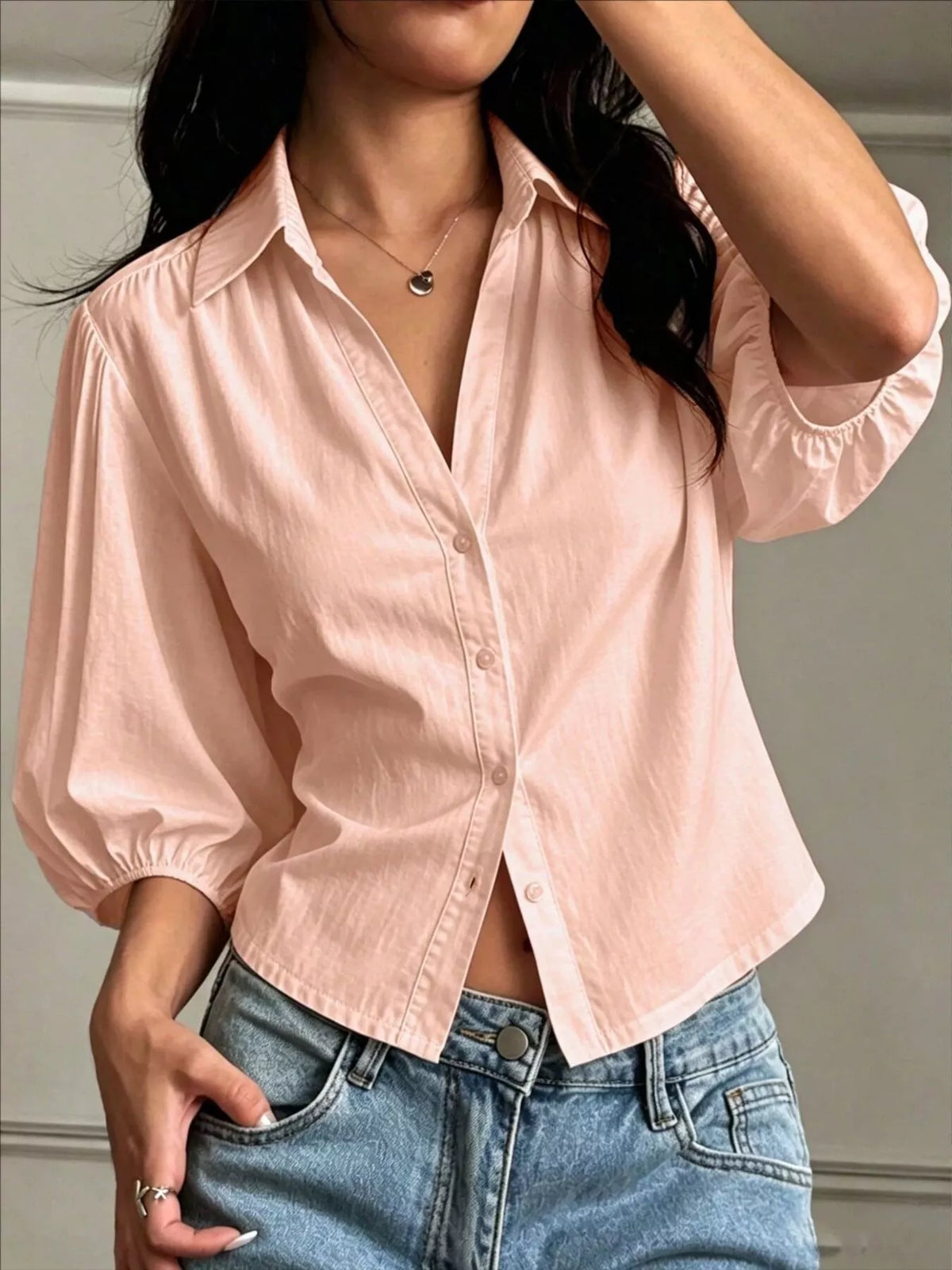 Button-Down Shirt with Puff Sleeves, view 8