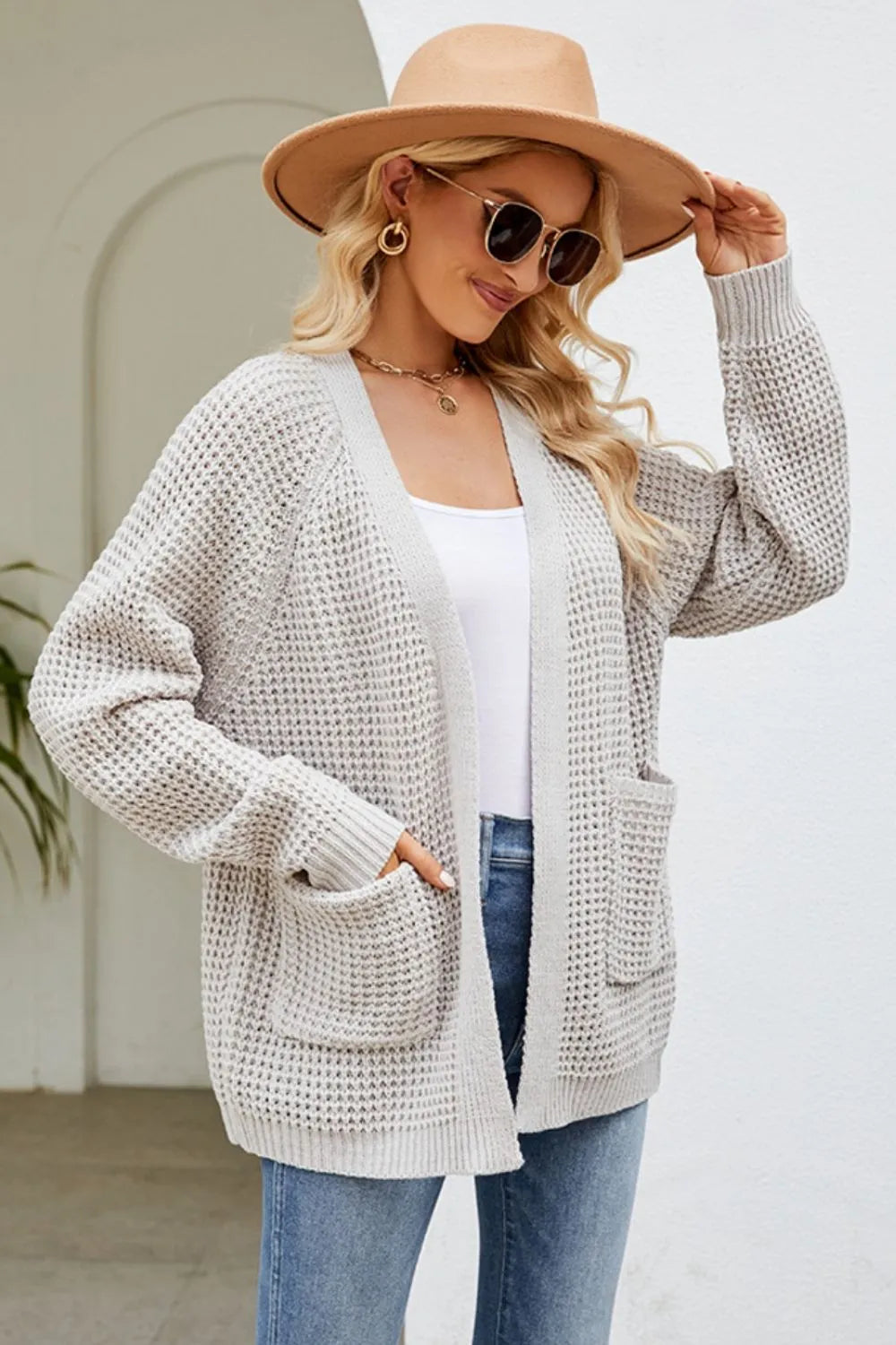 Open Front Raglan Sleeve Pocketed Cardigan - Lilixa.store