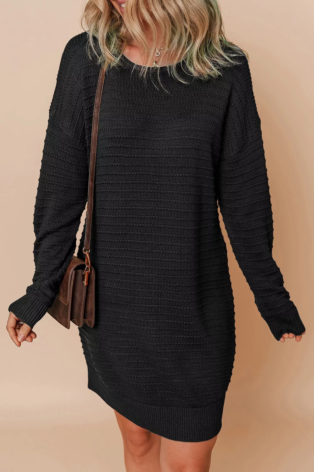 Solid Color Raised Rib Knit Dolman Sleeve Shift Sweater Dress in Black