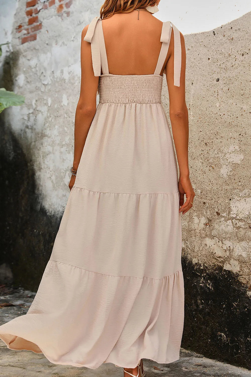 Perfee Tie Shoulder Smocked Tiered Dress - Lilixa.store