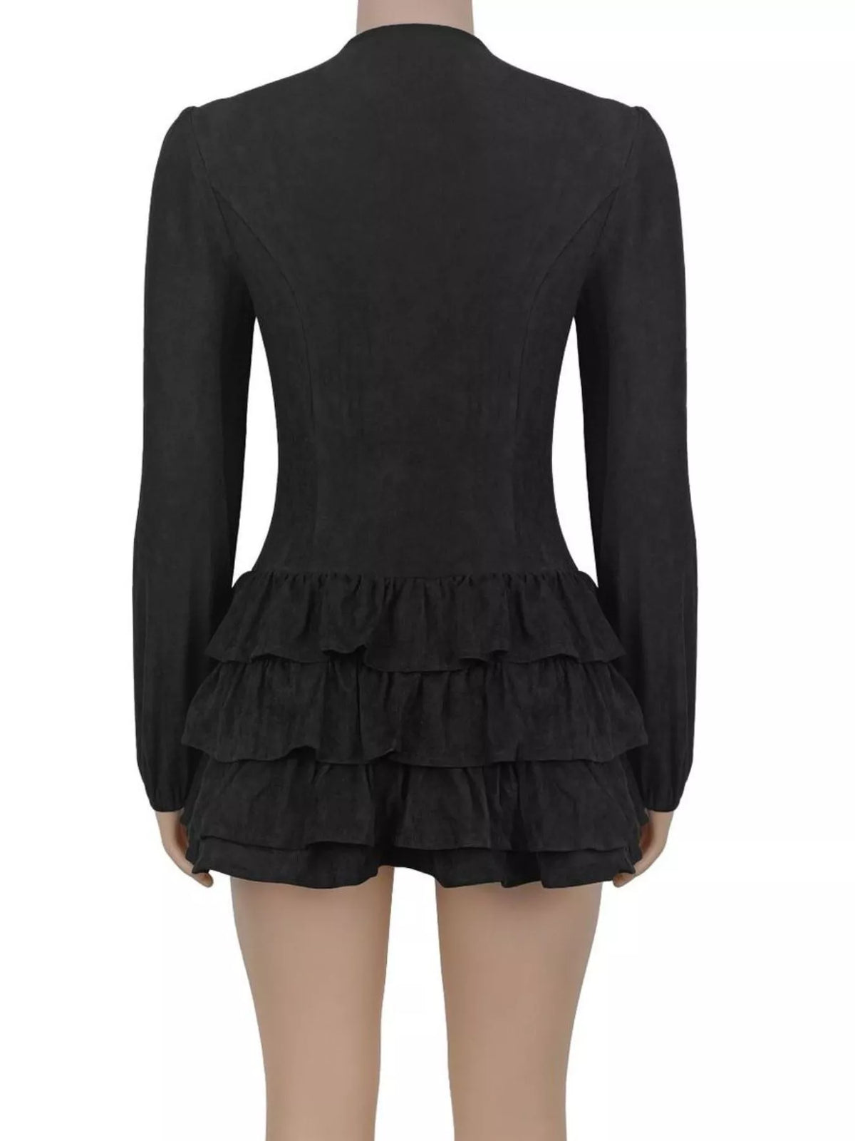 Lace-Up Ruffle Hem Long Sleeve Mini Dress - Lilixa.store