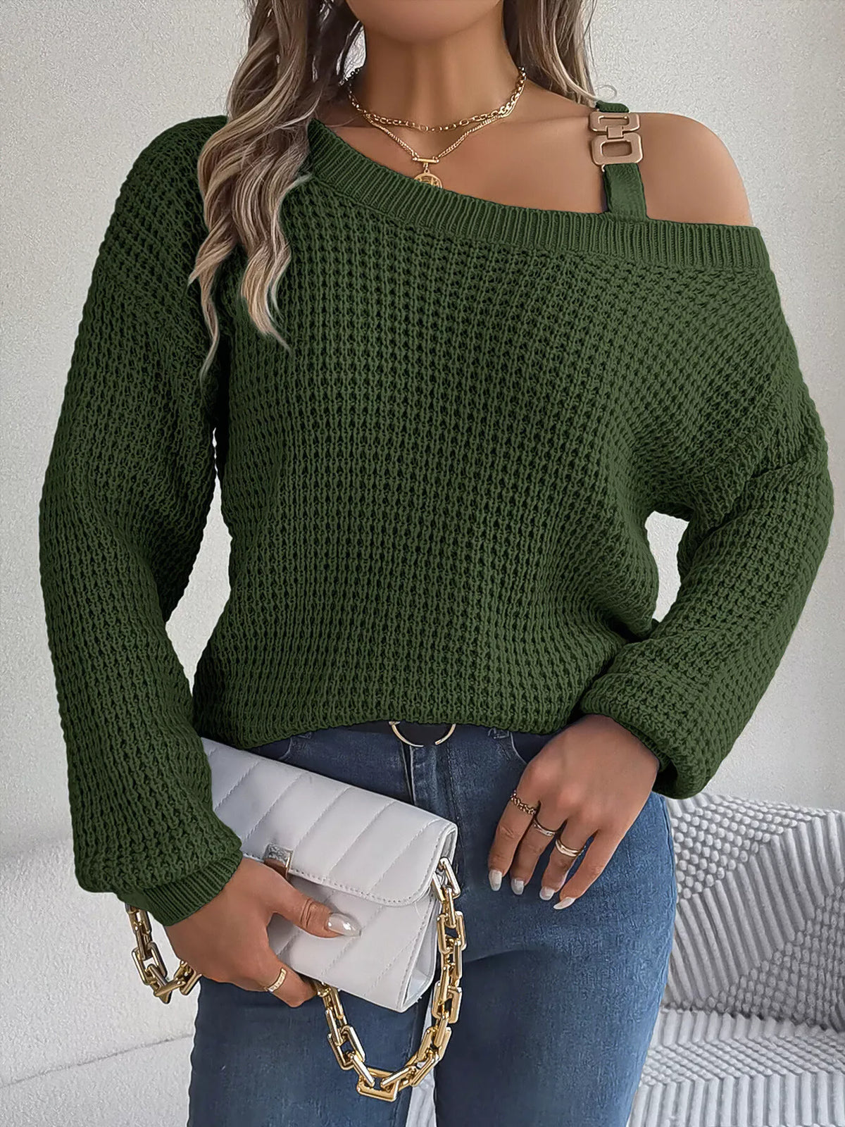 Asymmetrical Neck Long Sleeve Sweater - Lilixa.store
