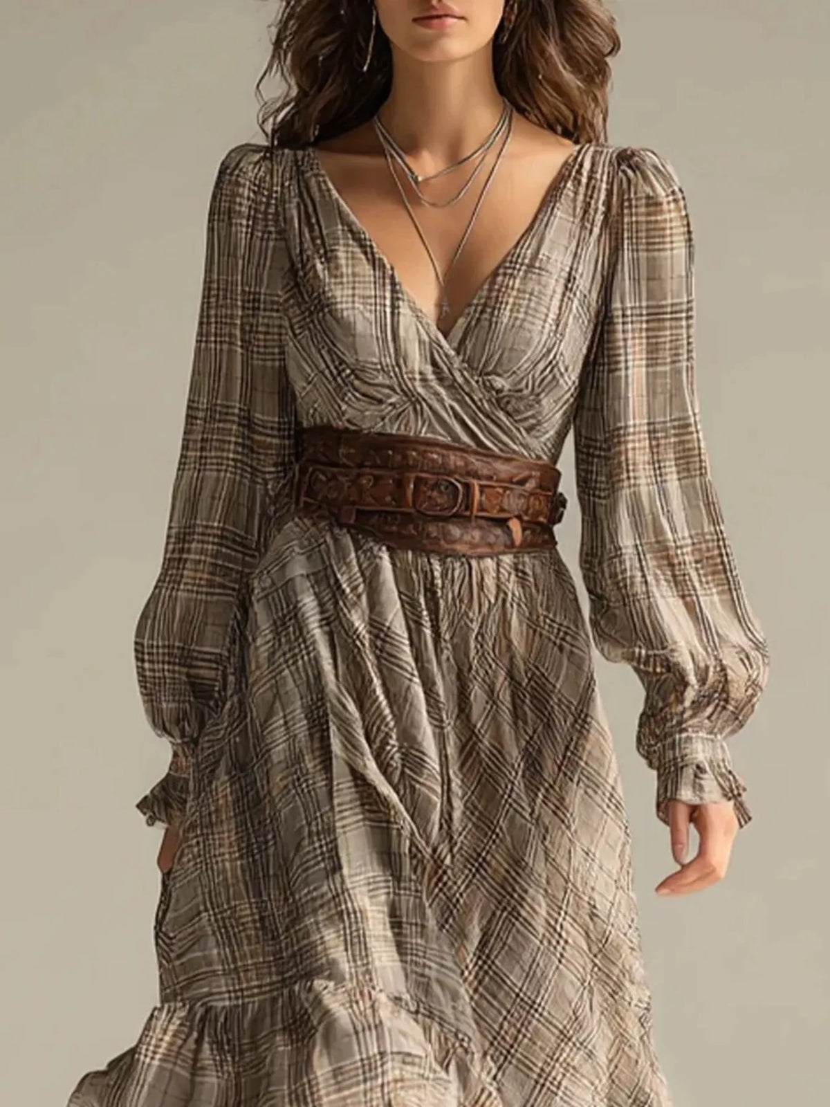 Plaid High-Low Long Sleeve Dress