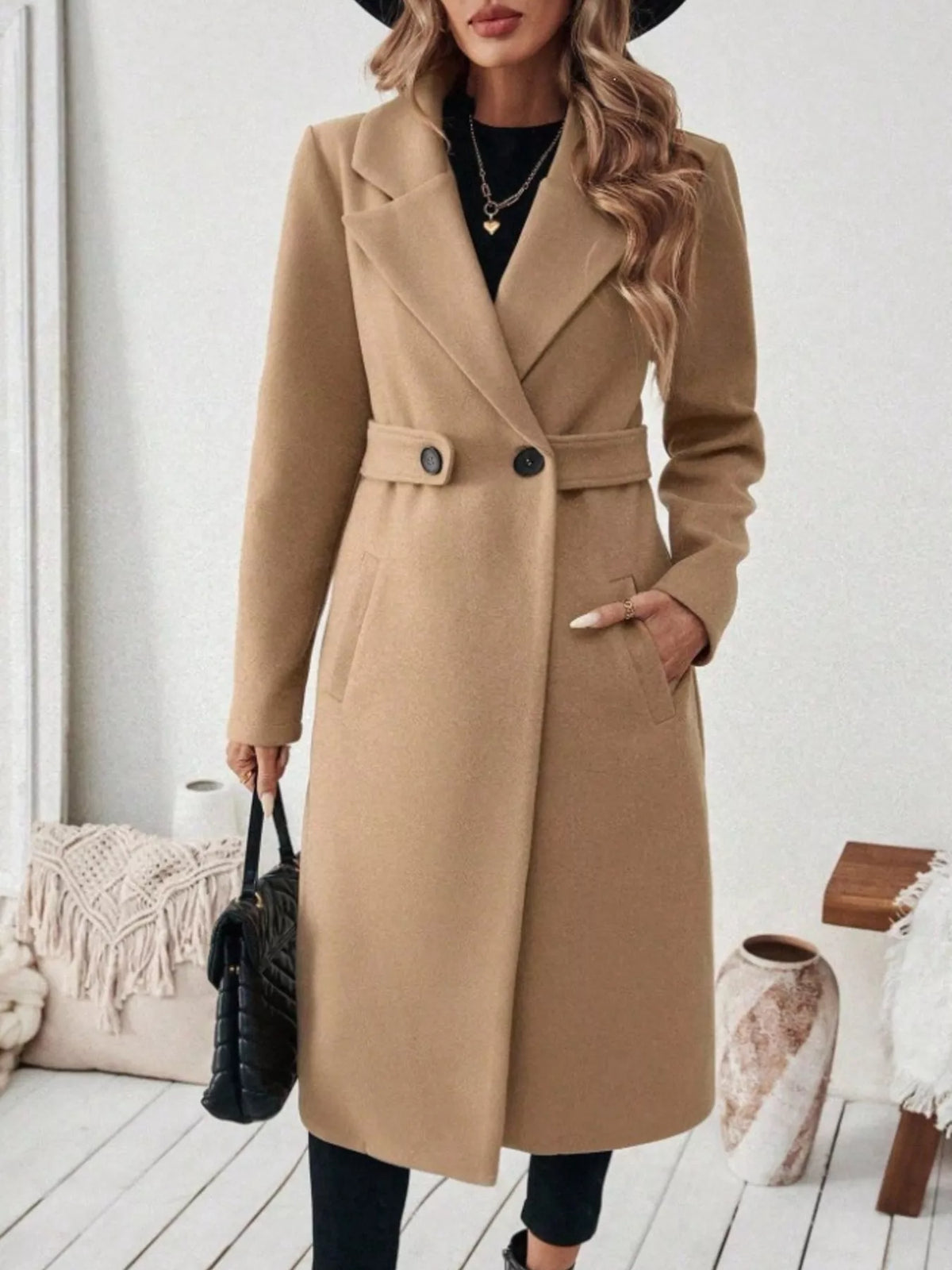Full Size Elegant Lapel Collar Belted Coat with Pockets Plus Size in Khaki