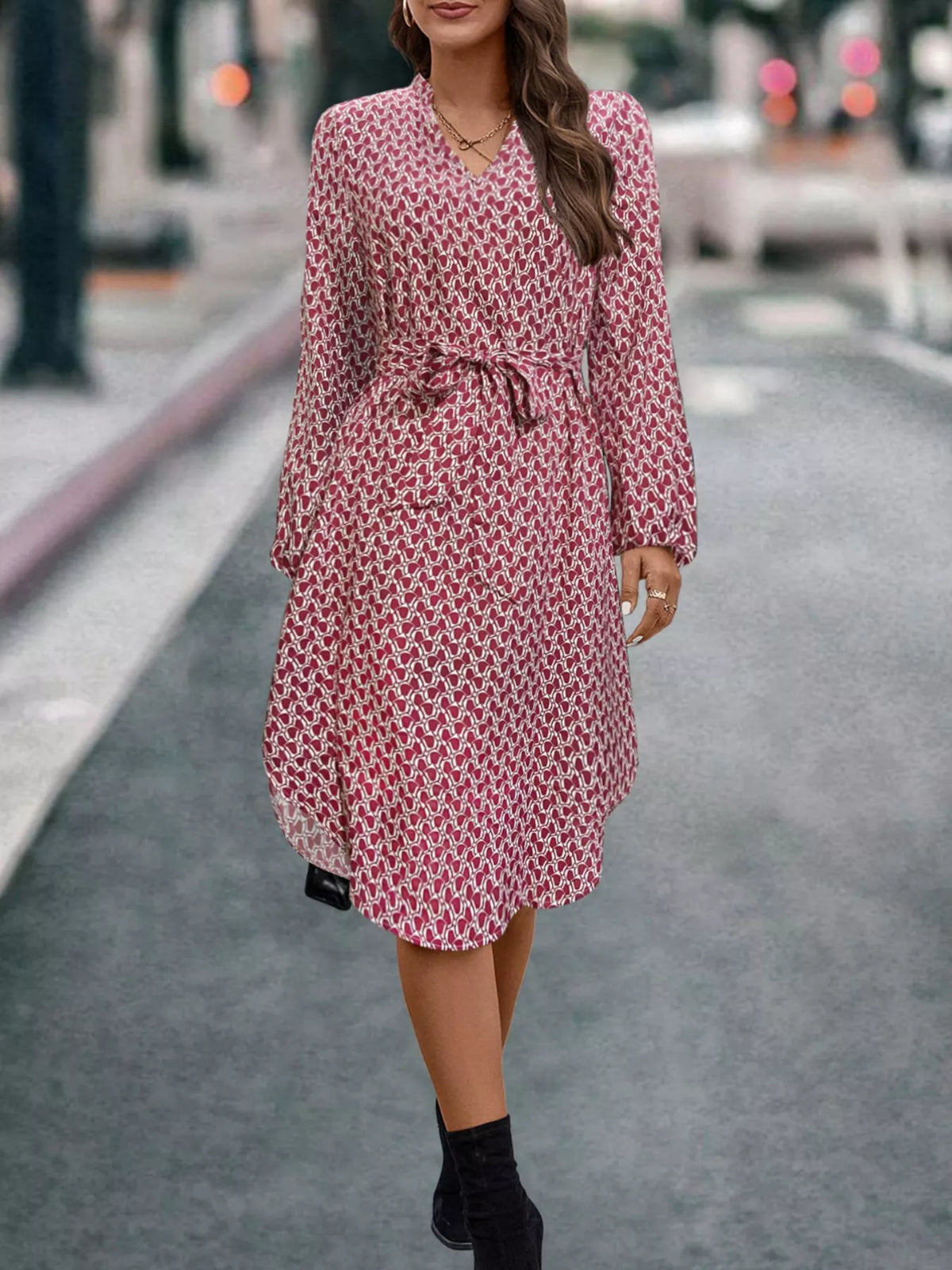 V-Neck Long Sleeve Printed Dress - Lilixa.store