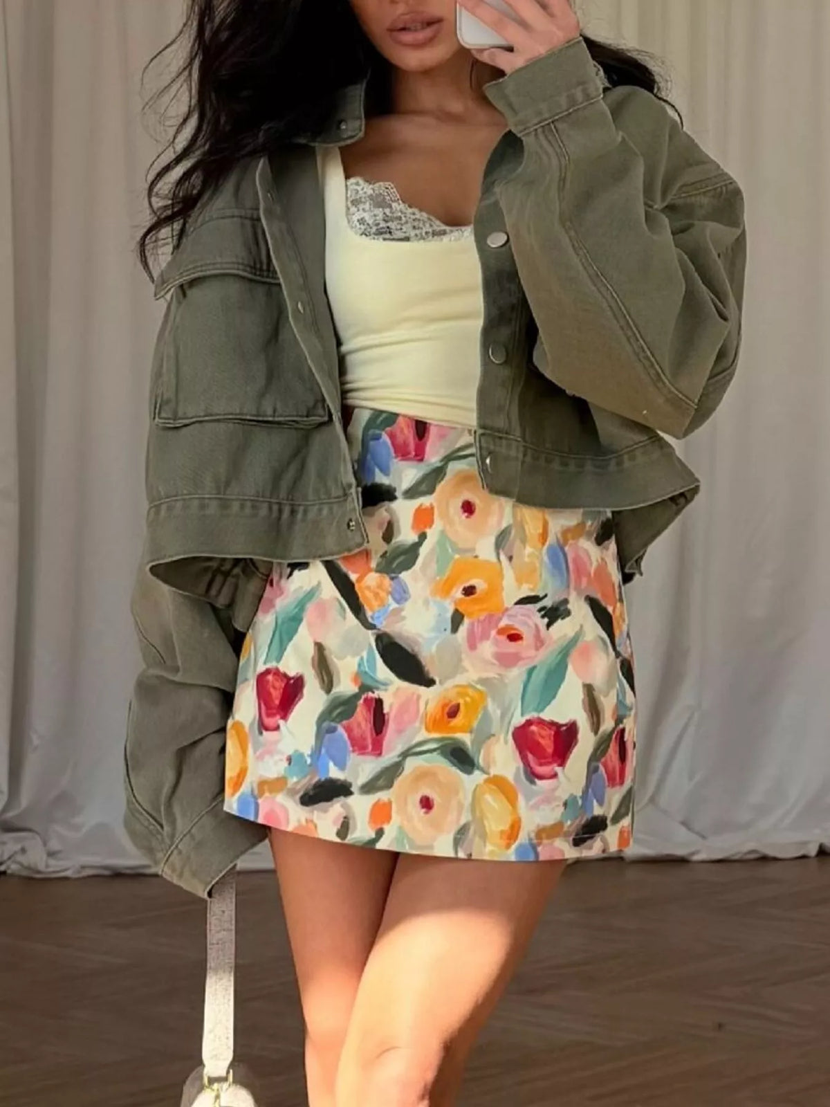 Oversized Utility Cropped Denim Jacket in Army Green