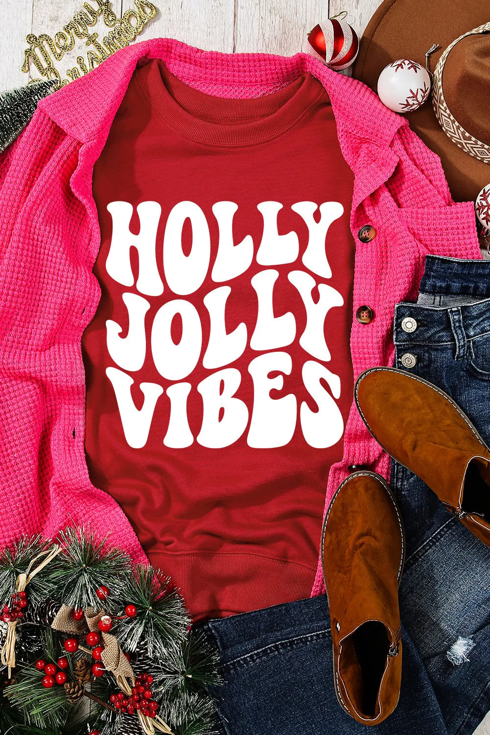 Letter Graphic Round Neck Long Sleeve Sweatshirt in Scarlet, view 4