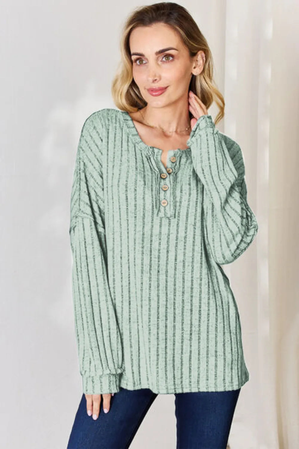 Basic Bae Full Size Ribbed Half Button Long Sleeve T-Shirt - Lilixa.store