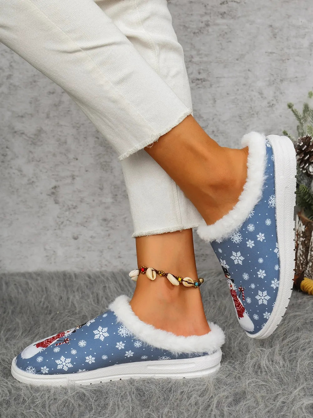 Snowman Print Flat Slippers with Faux Fur - Lilixa.store