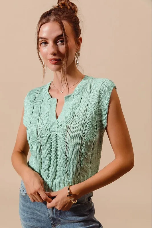 SO ME Notched Neck Cable Knit Sweater Vest in Dusty Sage