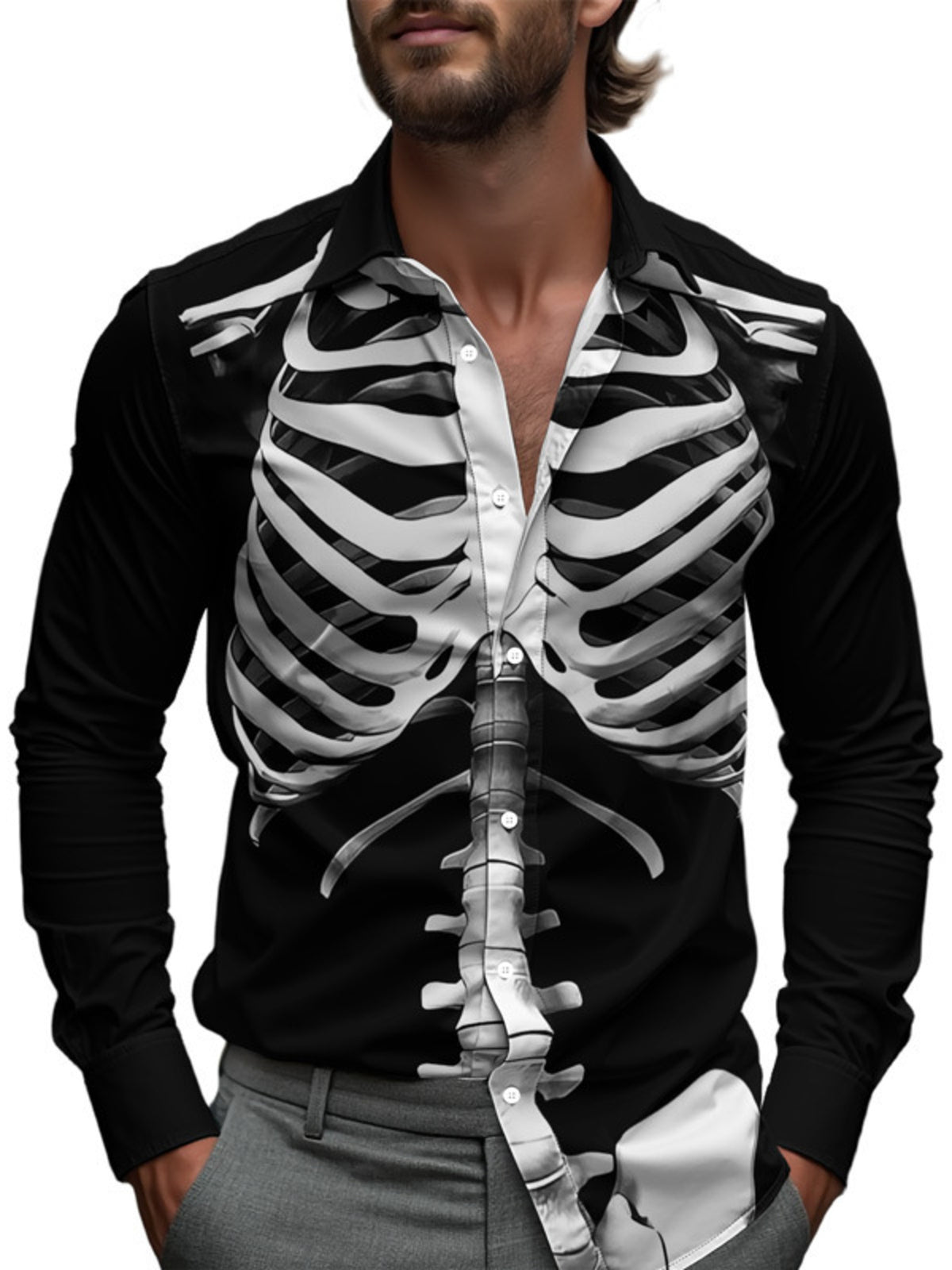 Men's Full Size Halloween Print Long Sleeve Button-Down Shirt Plus Size