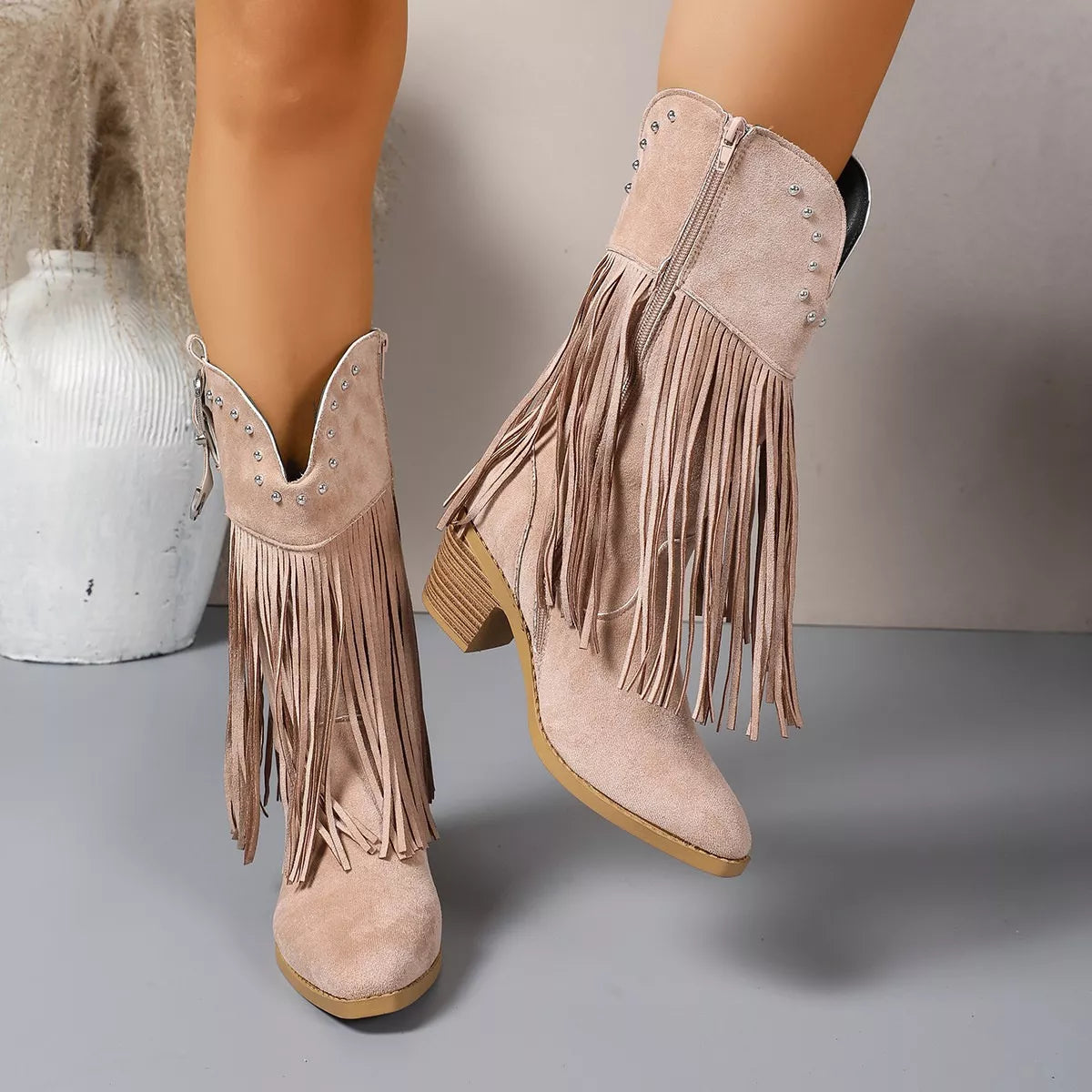 Fringe Round Toe Block Heels Boots - Lilixa.store