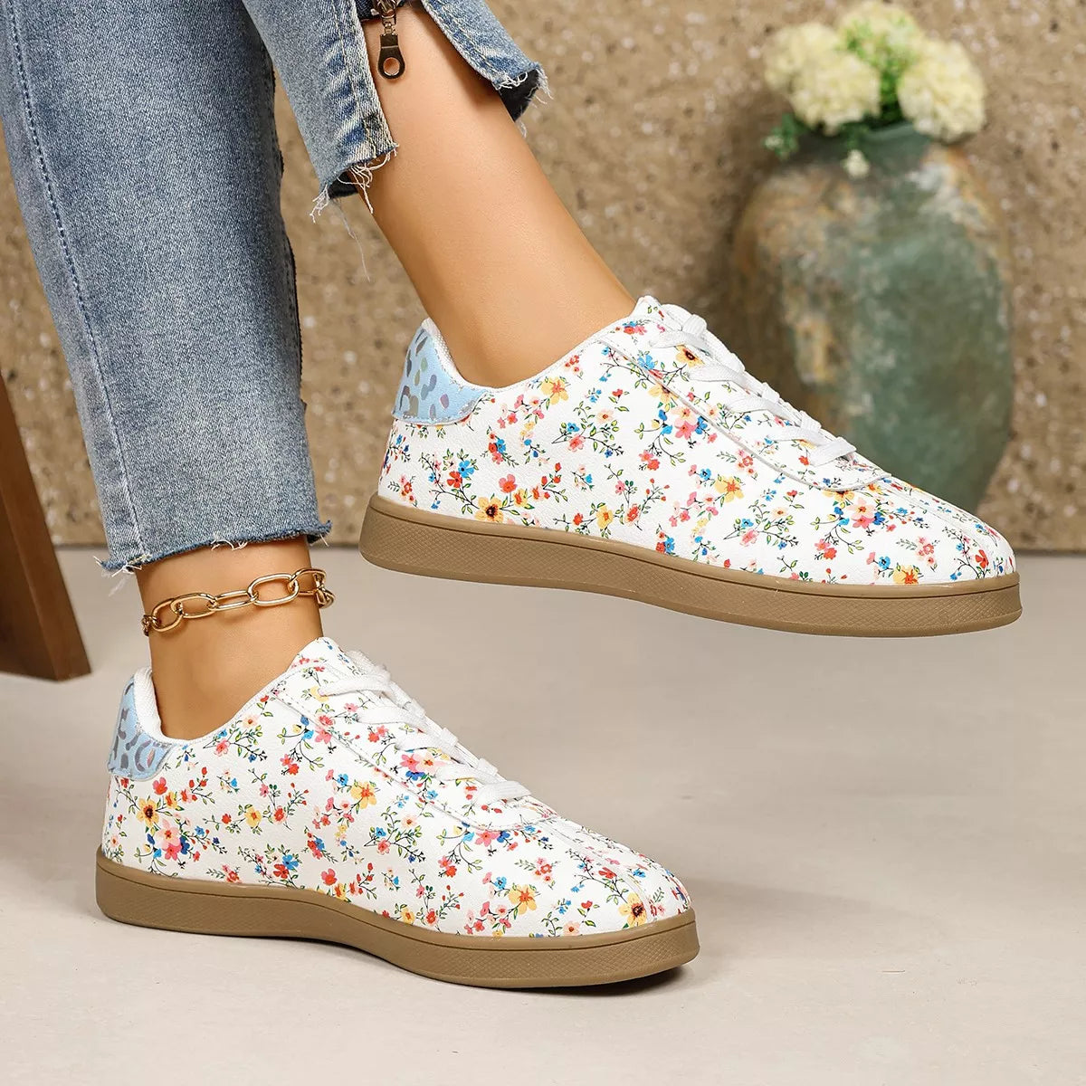 Floral Print Lace-Up Sneakers - Lilixa.store