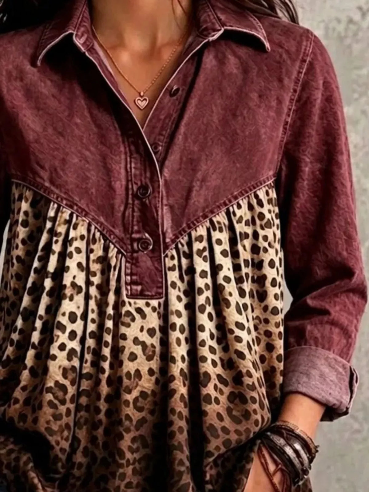 Full Size Leopard Button Detail Blouse Plus Size - Lilixa.store