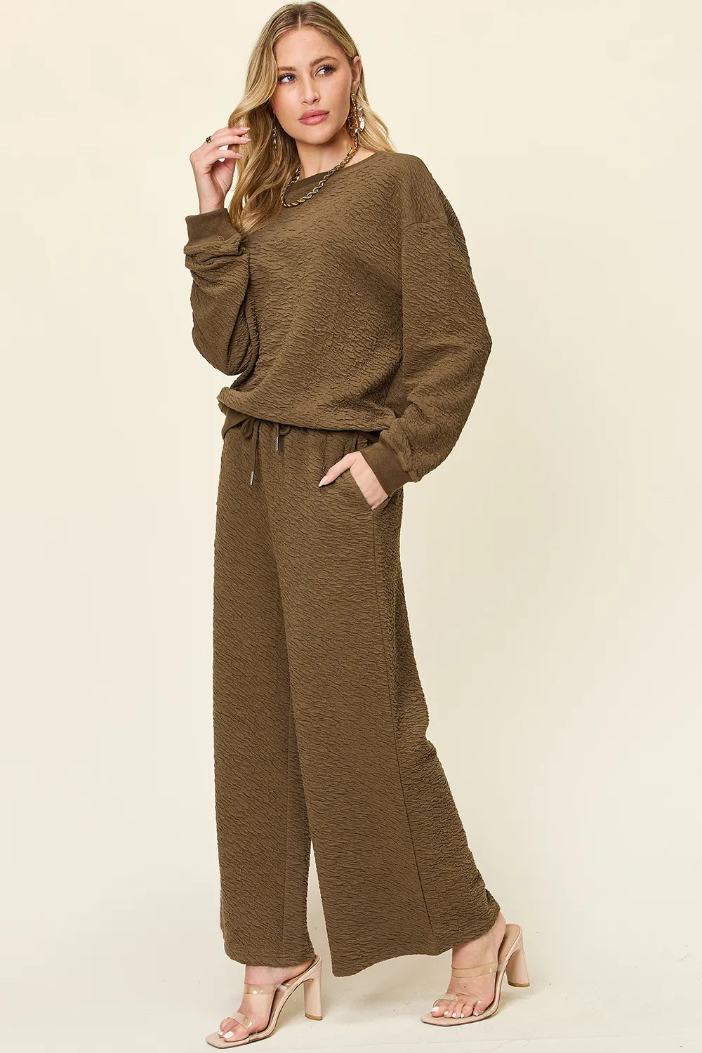 Double Take Full Size Texture Long Sleeve Top and Pants Set, view 7