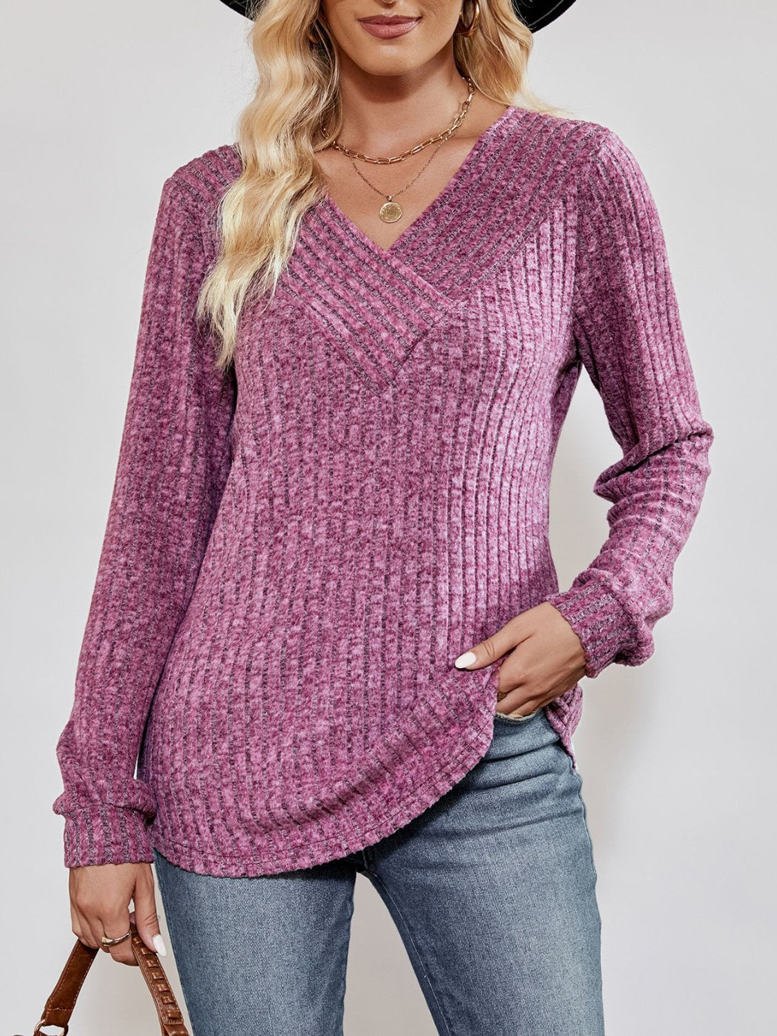 V-Neck Ribbed Long Sleeve Top - Lilixa.store